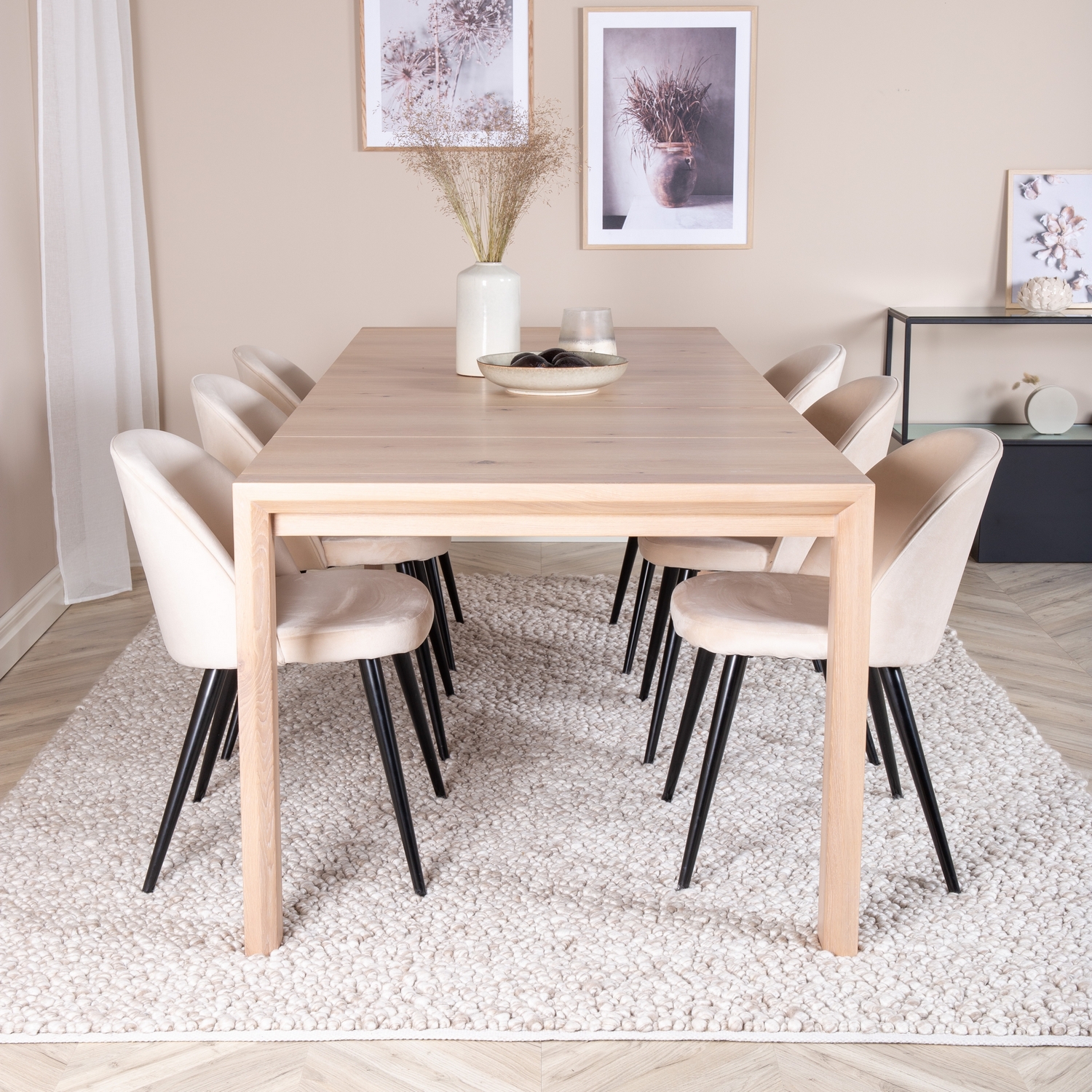 Slider Extention Table - White Wash+ Dining Chair - Beige Lyse Eik/Beige