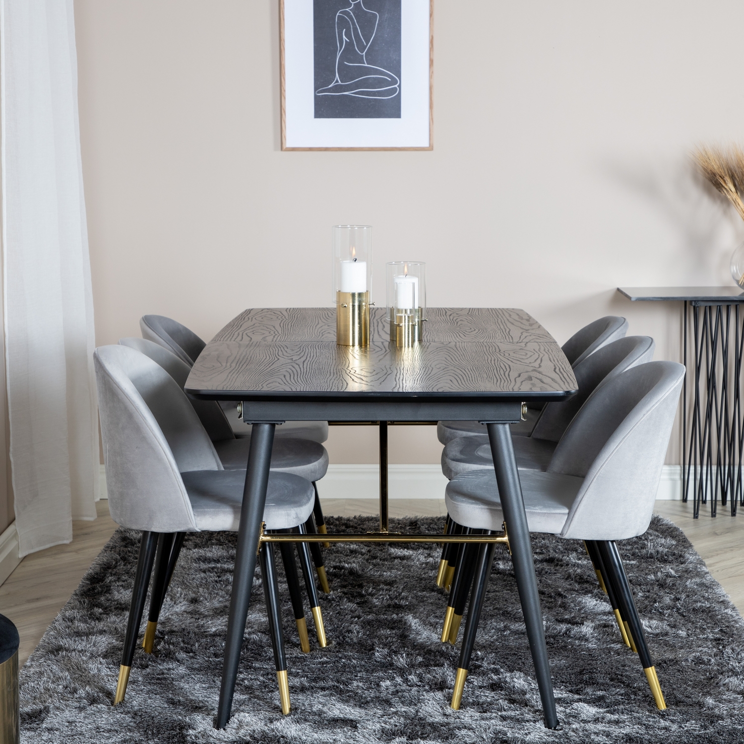 Spisegruppe Venture Home Gold med 6 Velvet Stoler