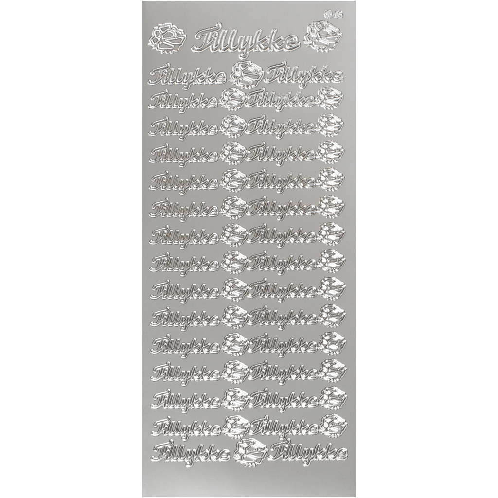 Stickers, silver, tillykke, 10x23 cm, 1 ark Sølv