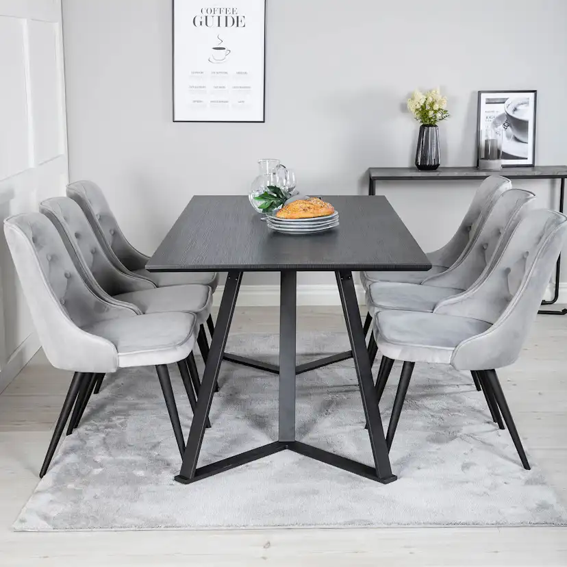 Marina Table - Black top /Velvet Chair -ljusgrå/ Black_6 Sort/Lysegrå