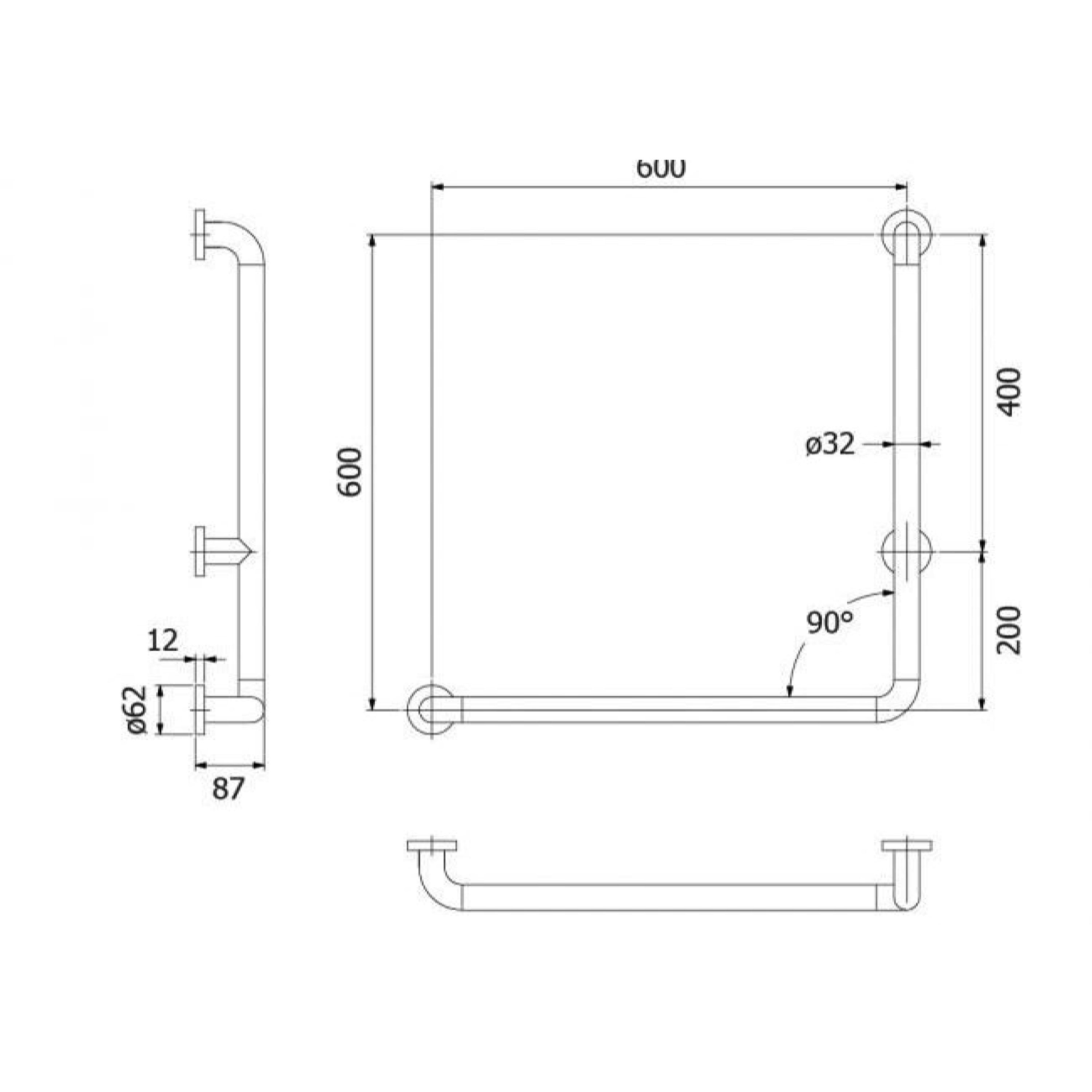 Stödhandtag med rät vinkel GRABBA TS791D 600x600 mm, Venstre