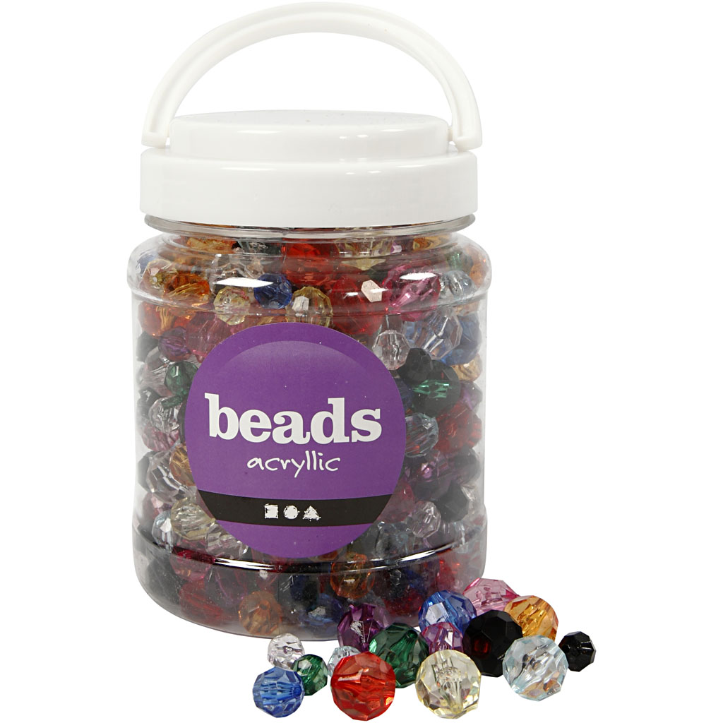 Plastperler Creativ Company fasettperlemix Ass Farger størrelse 10-12-16 mm Hullstr 1-2,5 mm 700 ml/1 boks