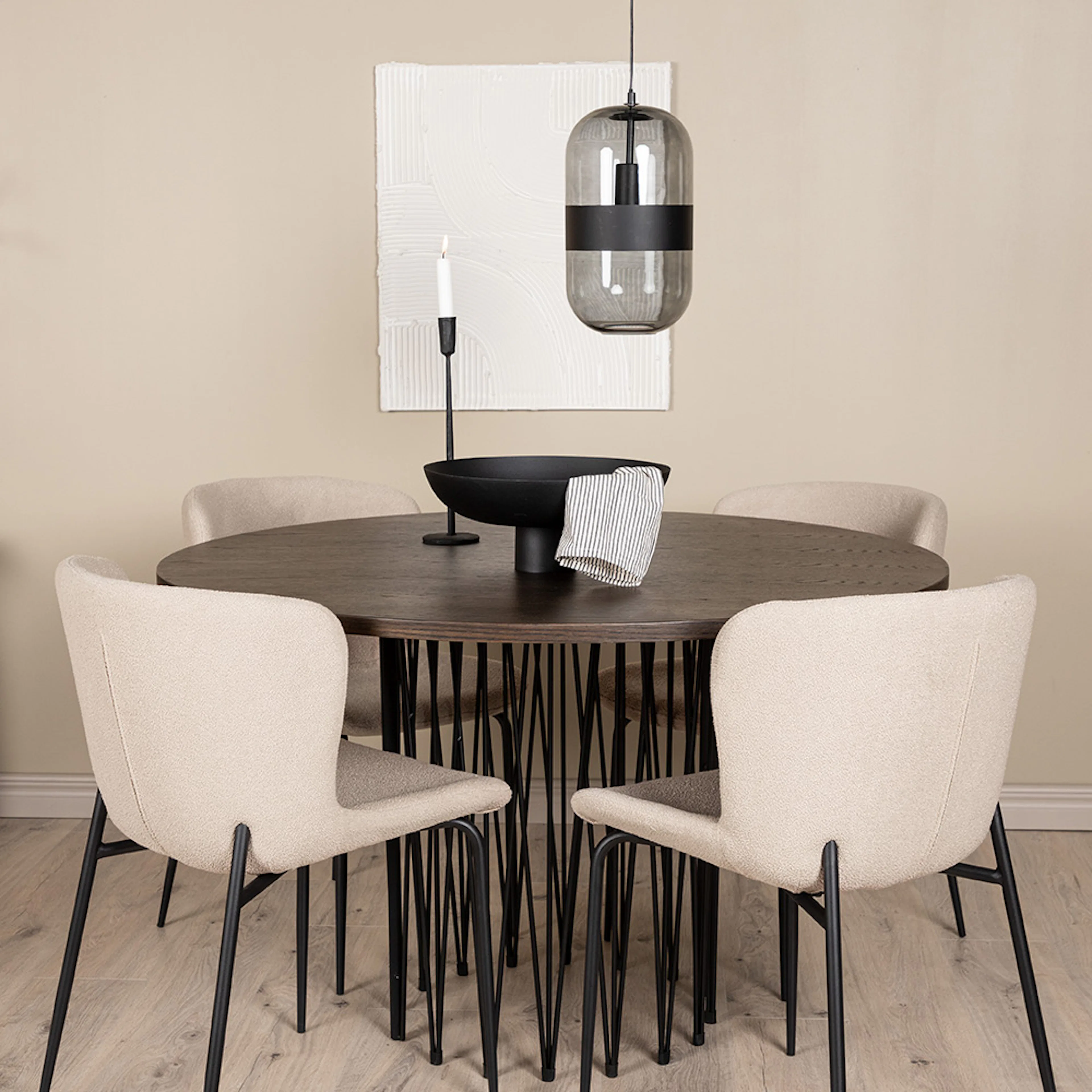 Stone round Dining Table - Black / Mocca Veneer +Modesto Din Beige/Eik