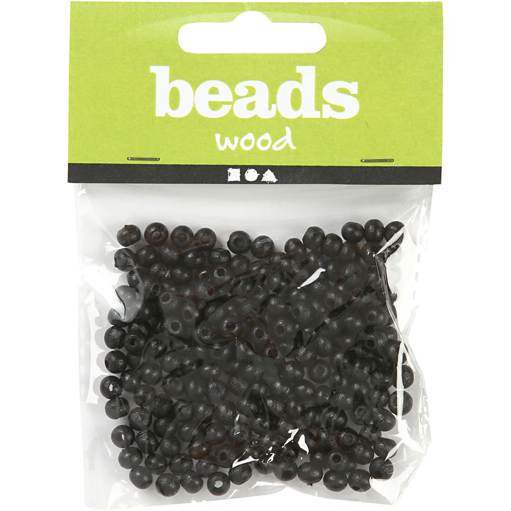 Träpärlor, svart, Dia. 5 mm, Hålstl. 1,5 mm, 6 g/ 1 förp. Svart