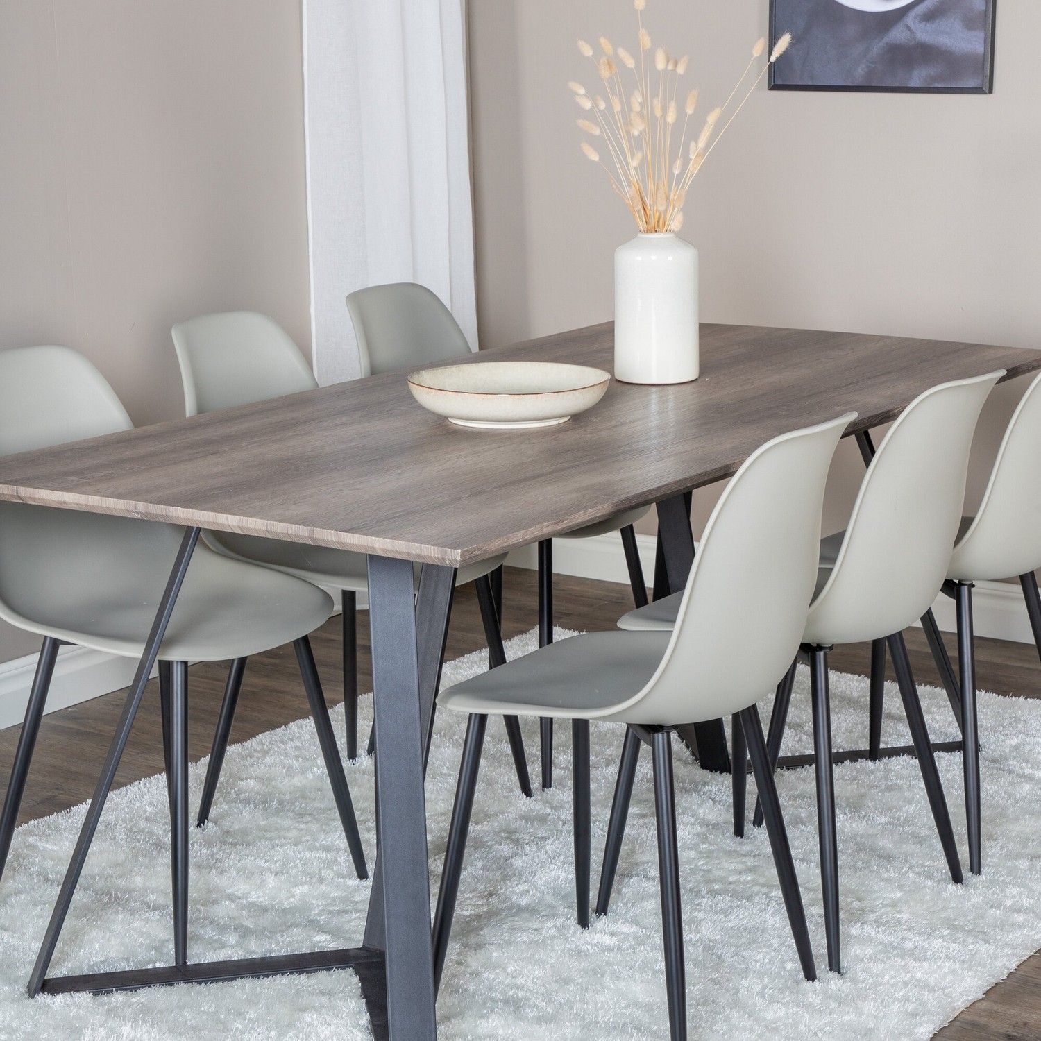 Marina Dining Table 180x90 cm+Polar Plastic Dining Chair Grå/Sort/Grå