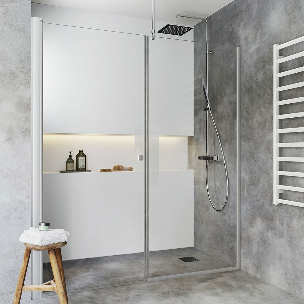 DUSCHVÄGG IGLOO PRO Niche 1890-1965MM DÖRR 100 +  VÄGG 90 KL Glass: Klart Glass, Profil: Aluminium, Rett Dør 985 + Fast Vegg 885, Bredde nisje: 1920-1950