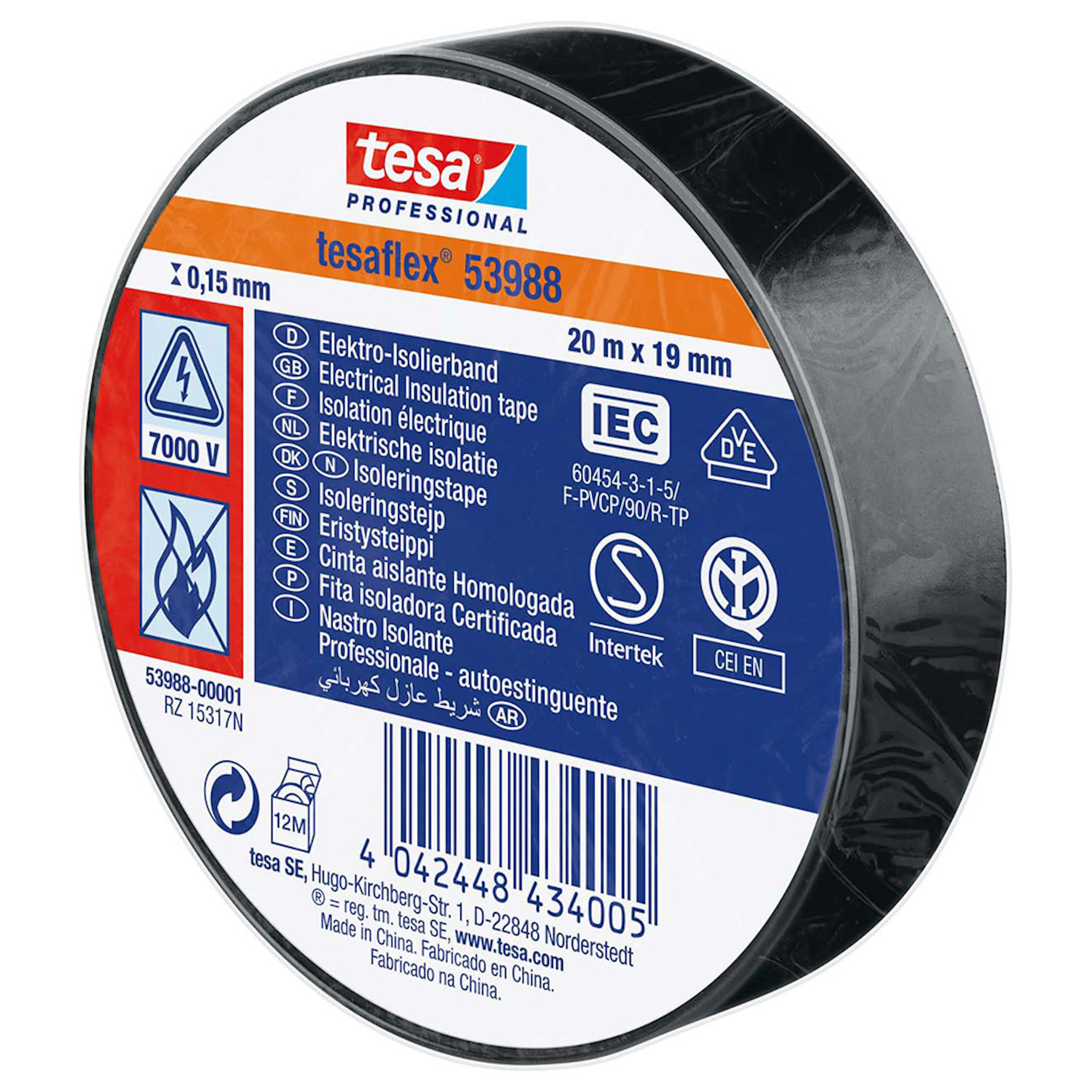 Isolasjonstape Tesa Sort 19 mm x 20 m