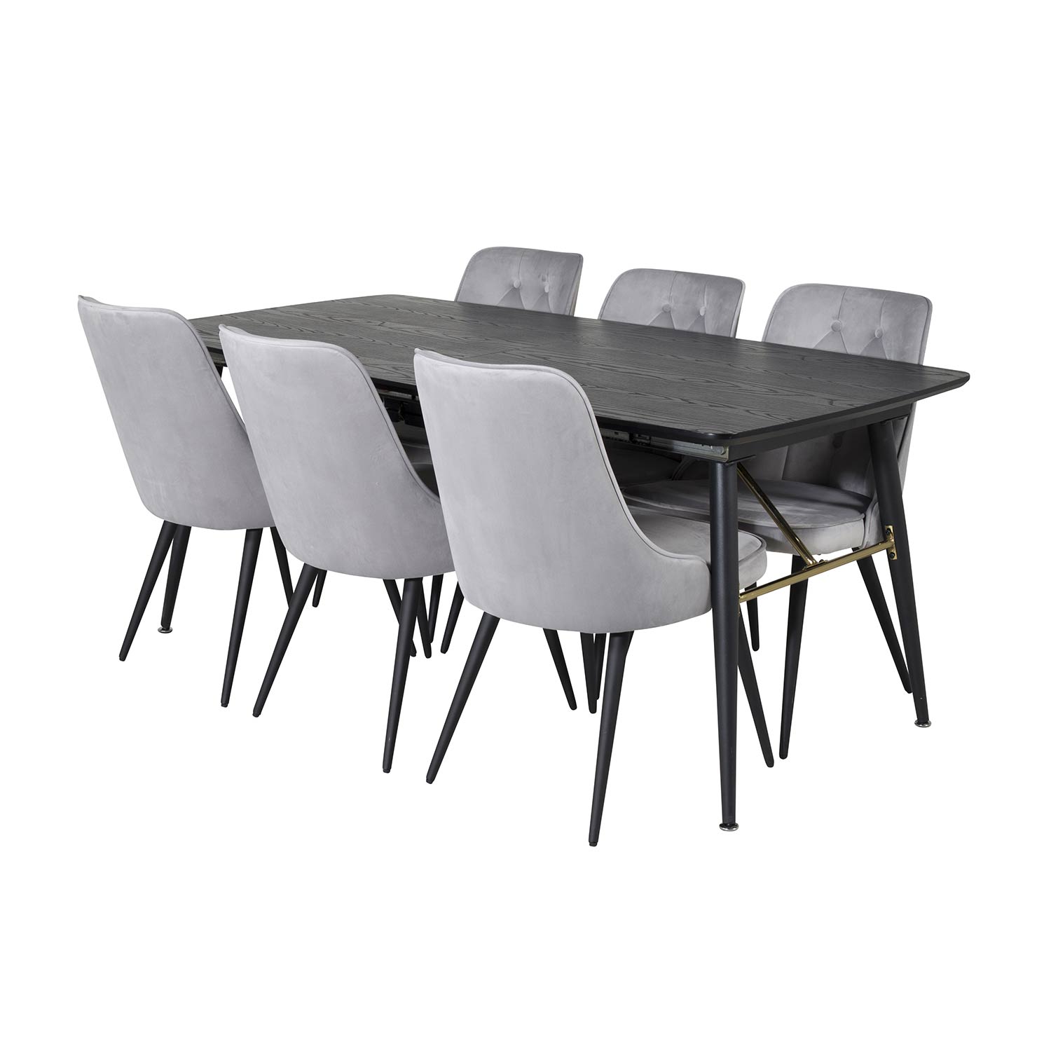 Gold Extention table-Black Veneer+Velvet Chair-Black_6 Sort/Lysegrå, Sammet