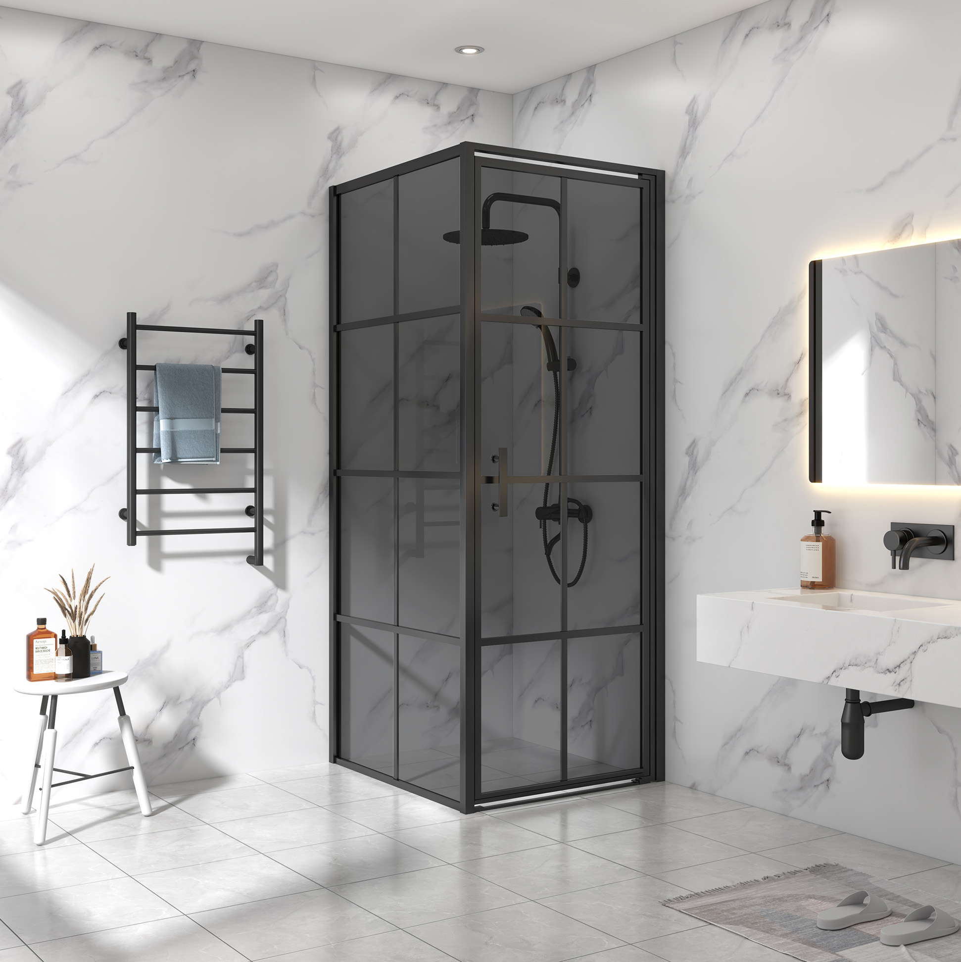 Dusjhjørne Lyfco med Sotet Glass og Sprosser Rett Dør og Fast Vegg