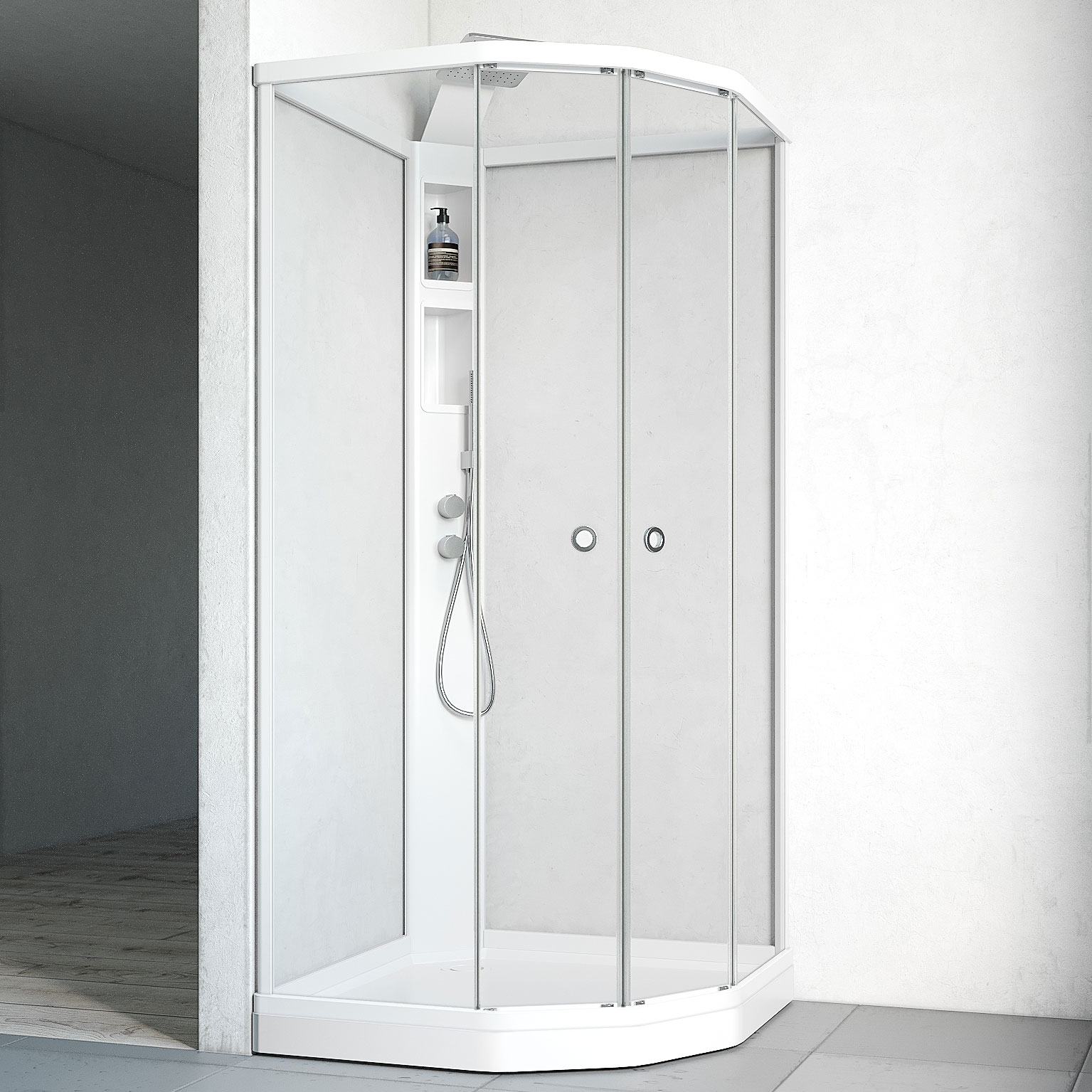 Flow kab Semi InfBl 8x8 V KLV 810x810 mm, Hvit Profil, Klart Glass/Hvit bakvegg