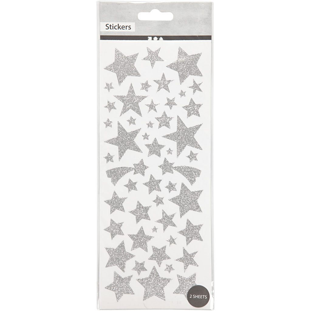 Glitterstickers, silver, stjärnor, 10x24 cm, 2 ark/ 1 förp. Sølv