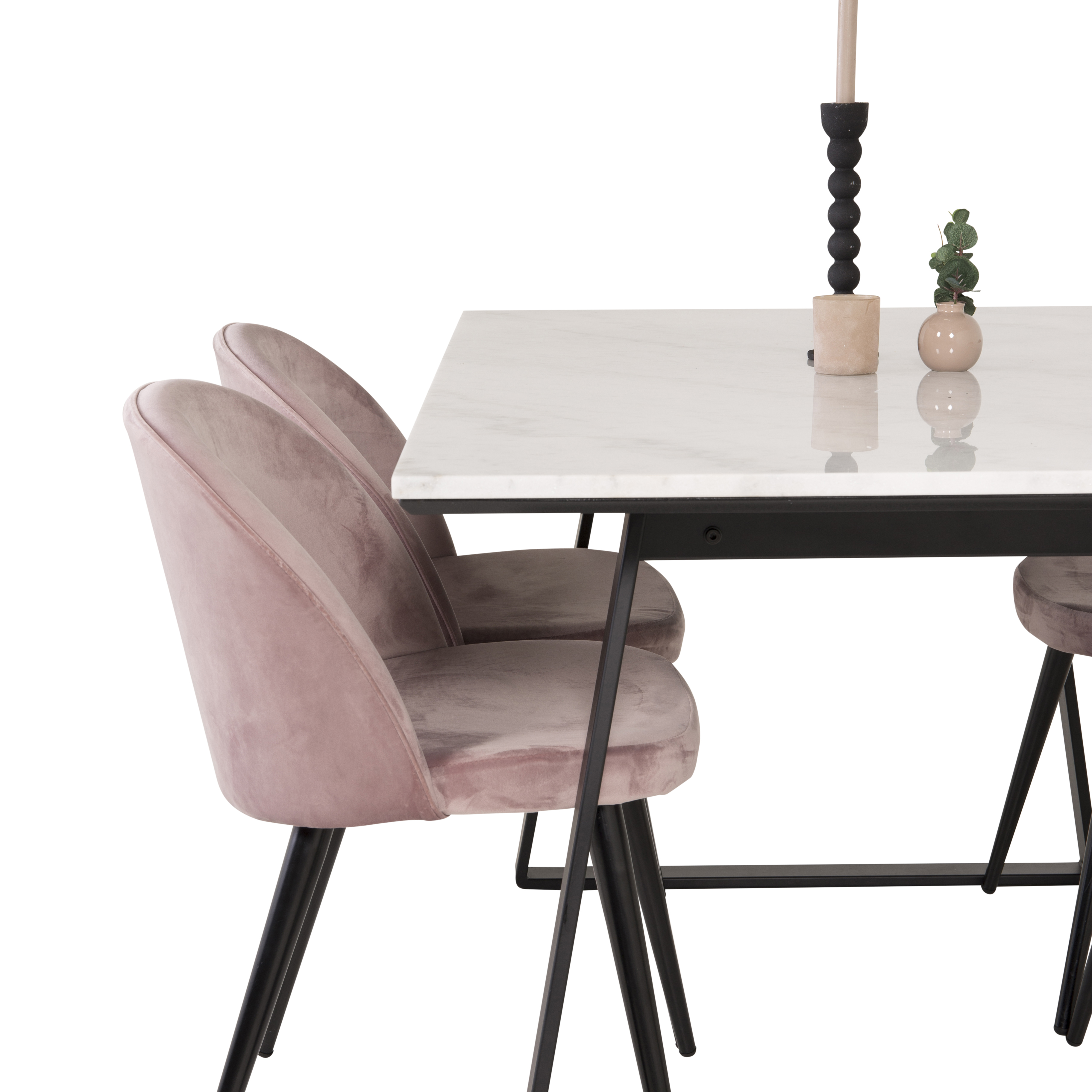 EstelleBord140*90-VitMarble/Black+Stol-Svart/GamelrosaSamet4 Hvit Bord med Sort Bein, Rosa Stol med Sort Bein