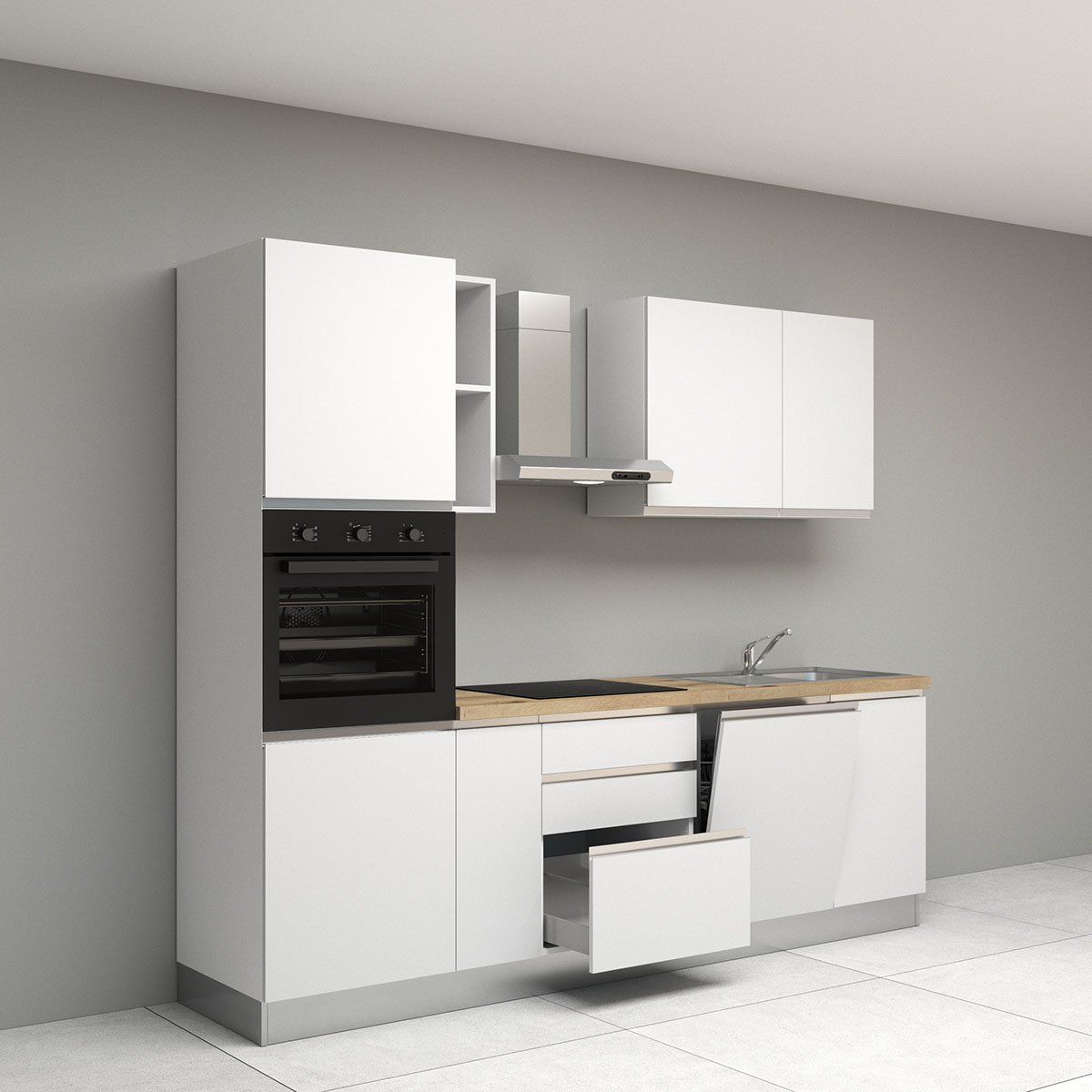 Komplett Kjøkken Mimo Mimosa 255 Matt Hvit inkl. Hvitevarer Ferdigmontert