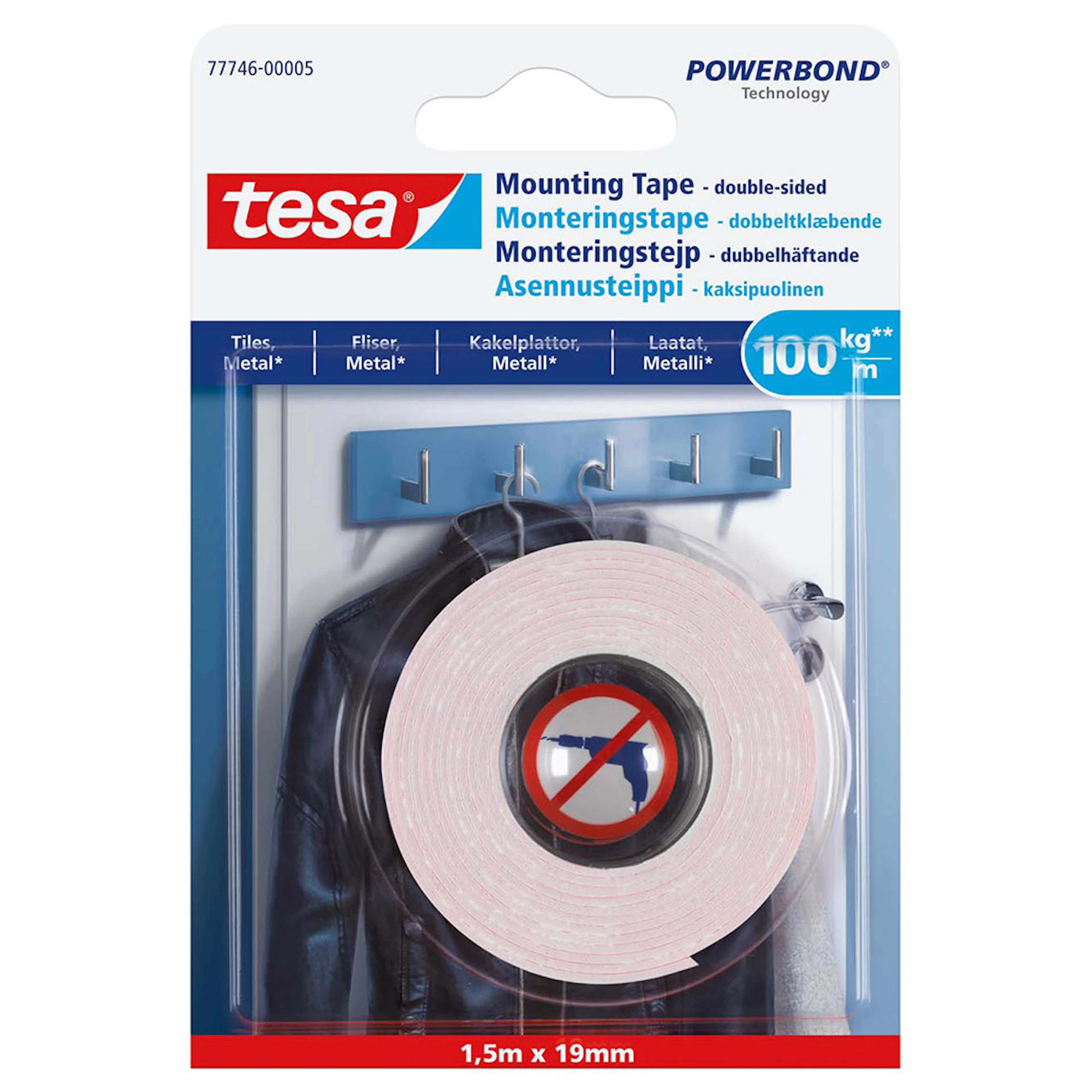 Monteringstape Tesa Glatt Overflate 1,5 m x 1 mm 100 kg