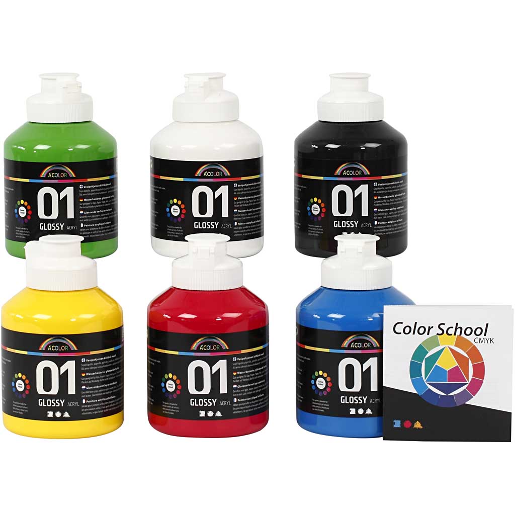 Akrylmaling Creativ Company A-color Primærfarger Nr 01 Blank 6 stk 500 ml/1 Forp