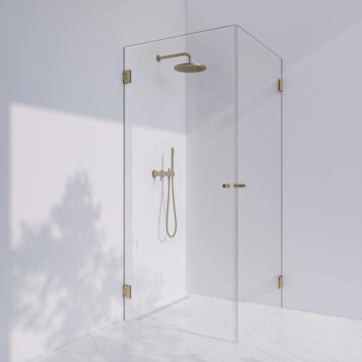 Invitrea Flair GH22/90x90/Borstad mässing/Fingerhål/Gråtonat Storlek: 900x900 mm, Glastyp: Gråtonat Glas, Profil: Borstad mässing, Handtag: Fingerhål