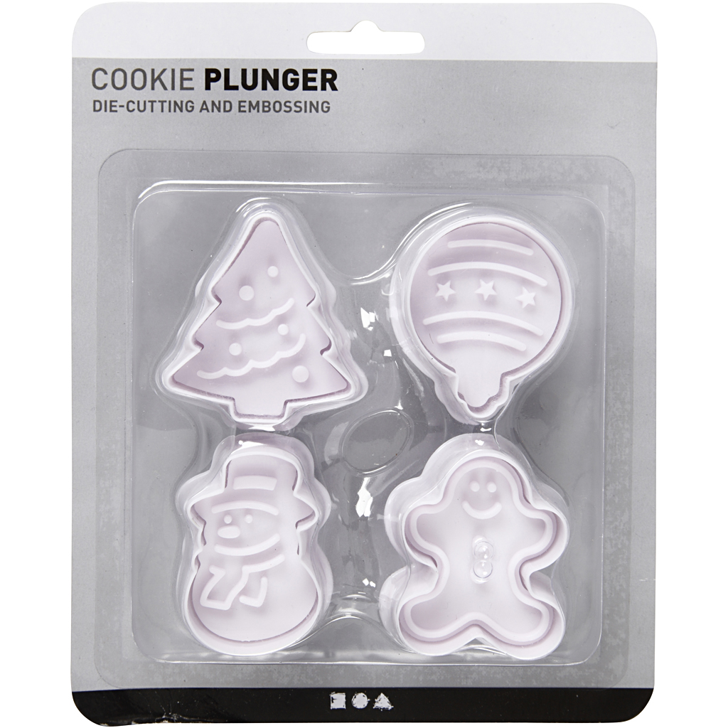 Utstikkerformer Creativ Company med Preg Hvit Juletre Snømann Pepperkakemann Kule - 5 cm 4 stk / 1 Pk