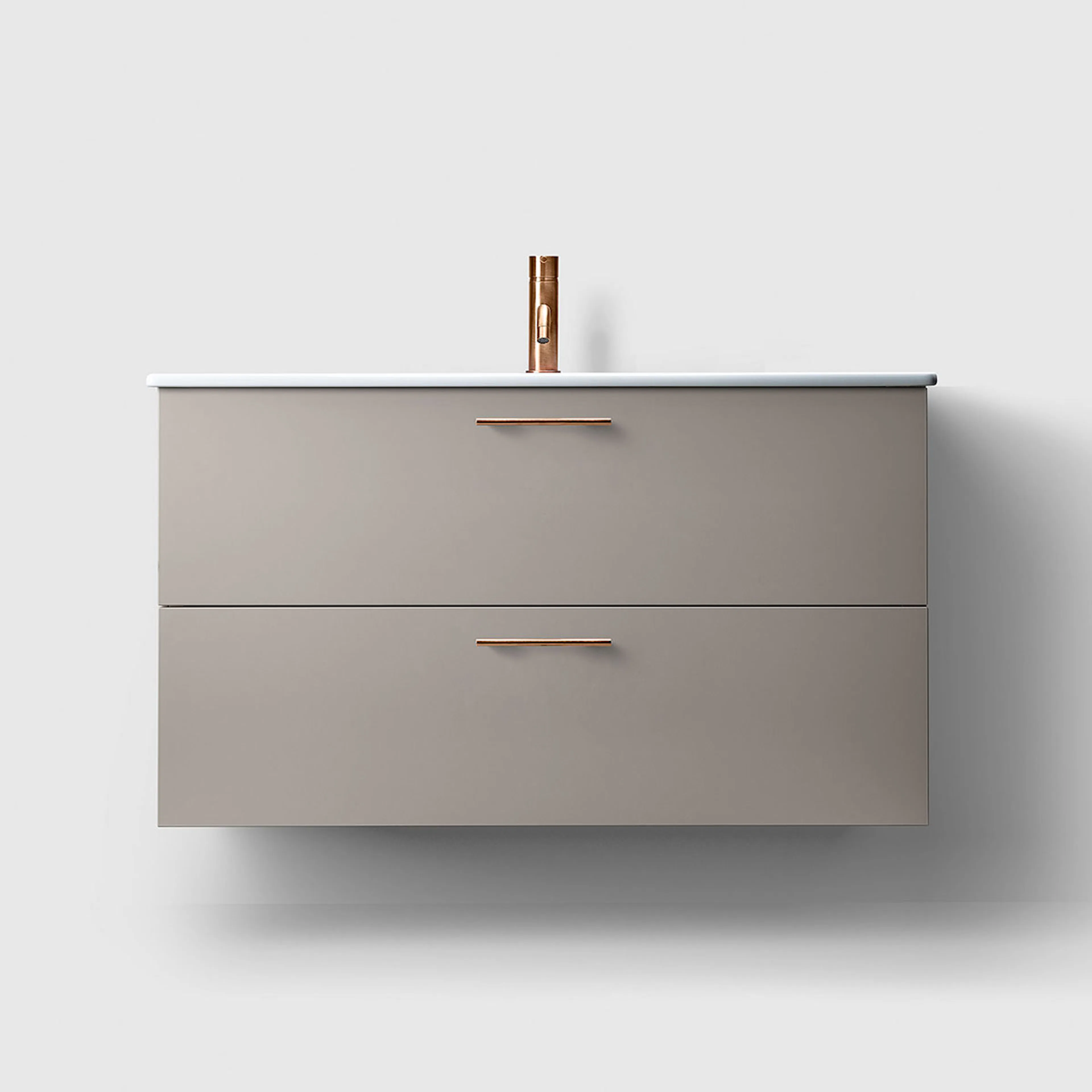 Haven Kommod H3/100-W.Grey-Porcelain  Htag A2 05 Koppar Grålackerad, Tvättställ i Porslin med Handtag A2.05 i Koppar