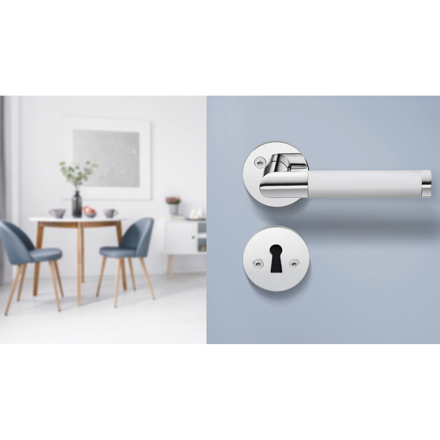 BESLAGSBODEN - DESIGN innerdörrhandtag, polerad krom med gre Hvit