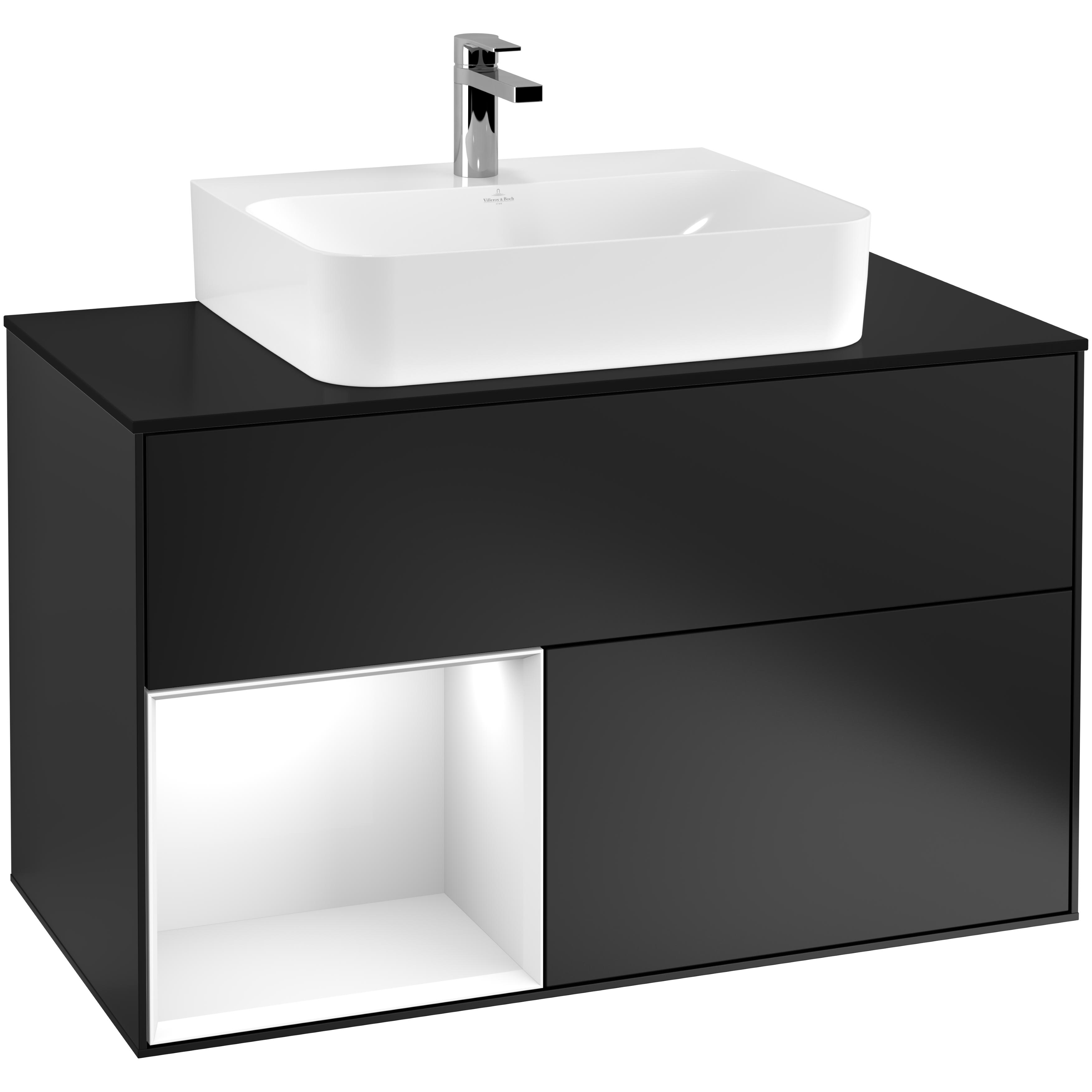 Tvättställsskåp Villeroy & Boch Finion G112GFPD Svart Mattlack/Vit Högblank med bänkskiva i Mattsvart glas med Väggbelysning, Lucka Vänster