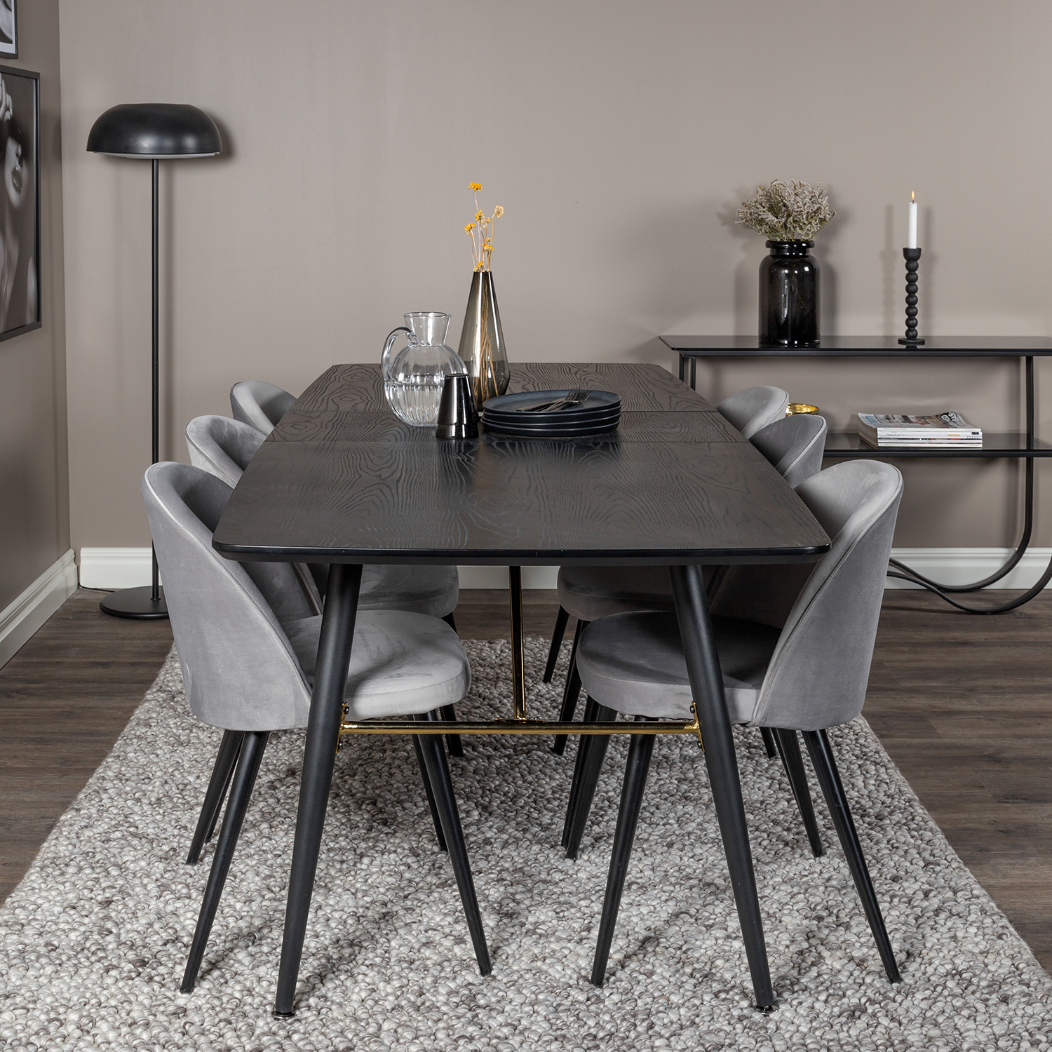 Spisegruppe Venture Home Gold med 6 Velvet Stoler