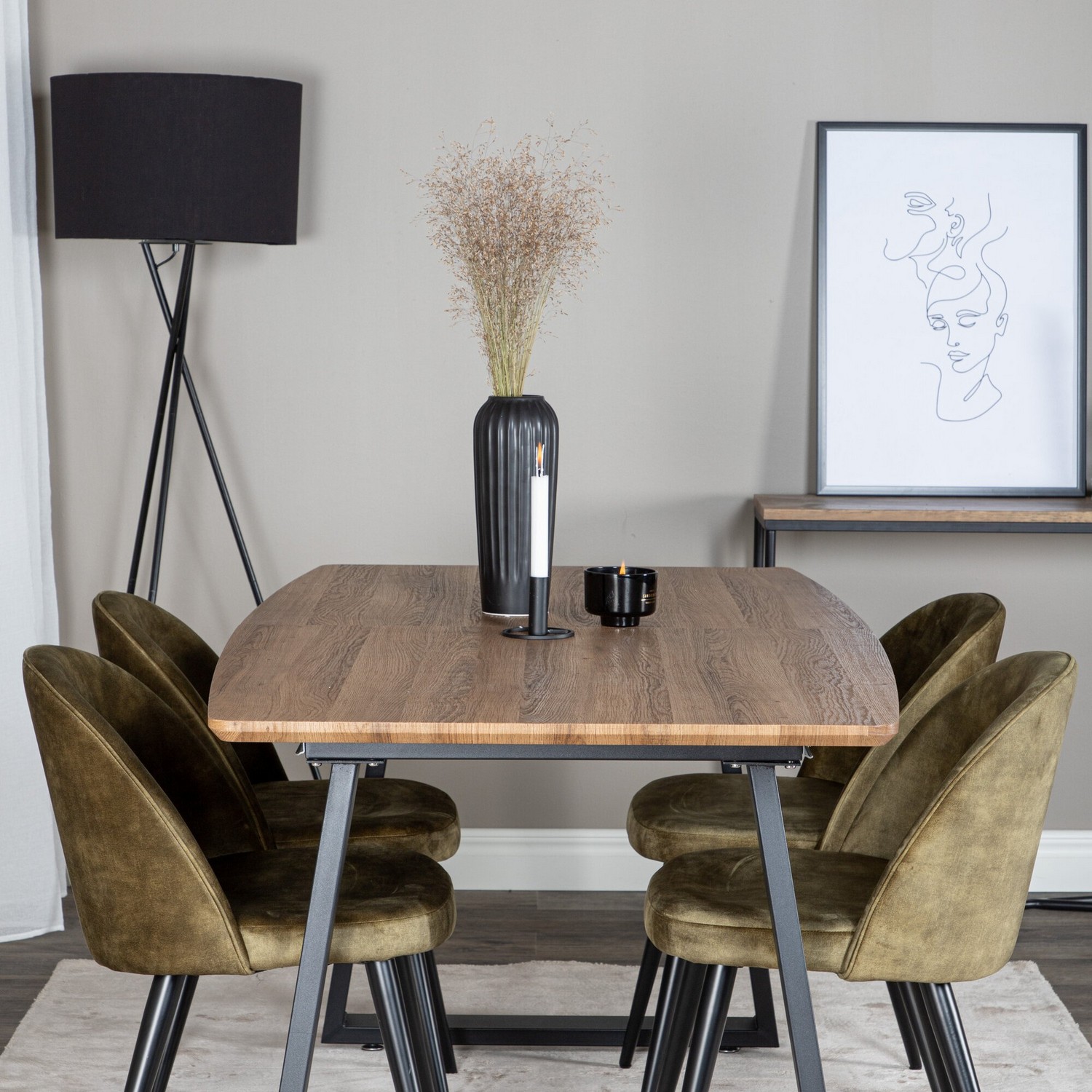 Inca Dining Table 160/200*85 cm+Velvet Dining Chair Natur/Sort/Grågrønn