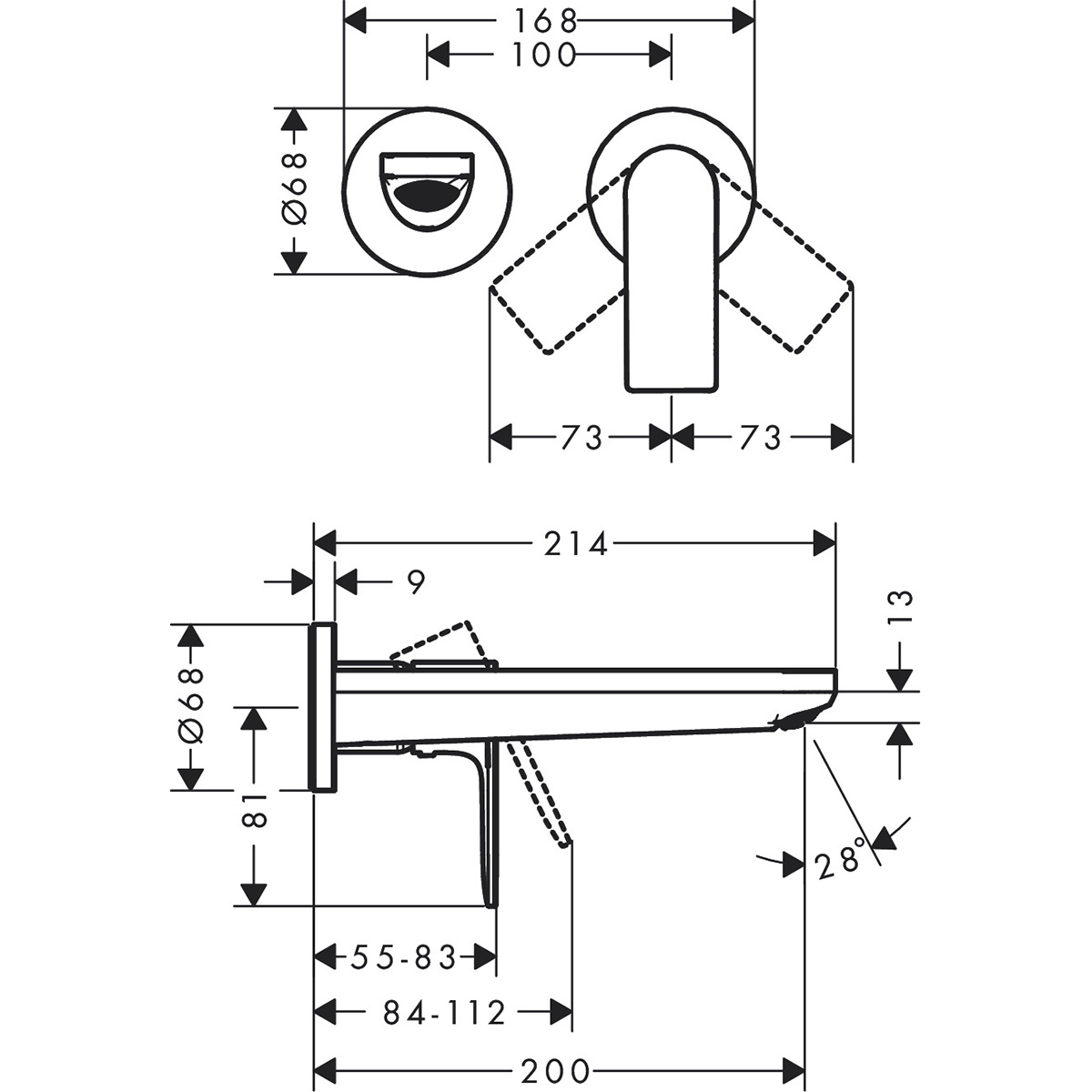 Servantbatteri Hansgrohe Rebris E 1-greps for Innbygging i Vegg med 20 cm Tut