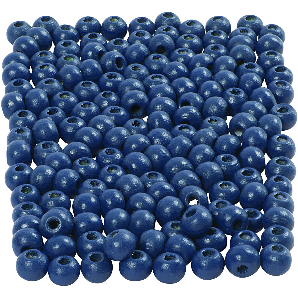 Träpärlor, blå, Dia. 5 mm, Hålstl. 1,5 mm, 6 g/ 1 förp. Blå