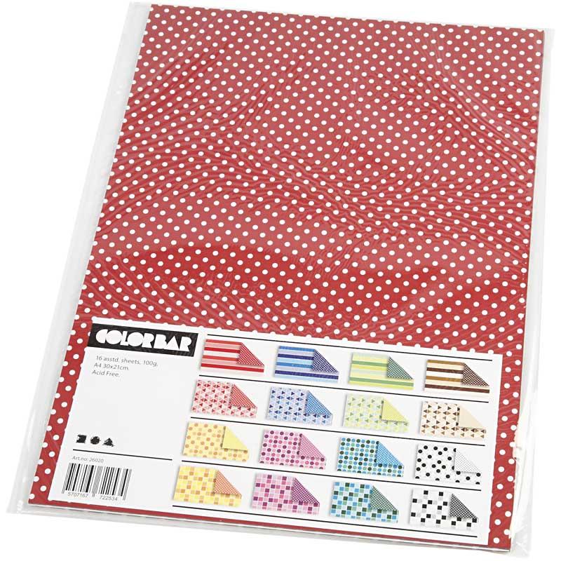 Color Bar Rivepapir kartong Creativ Company A4 210x297 mm 16 AssArk/1 Pk Mønstrede