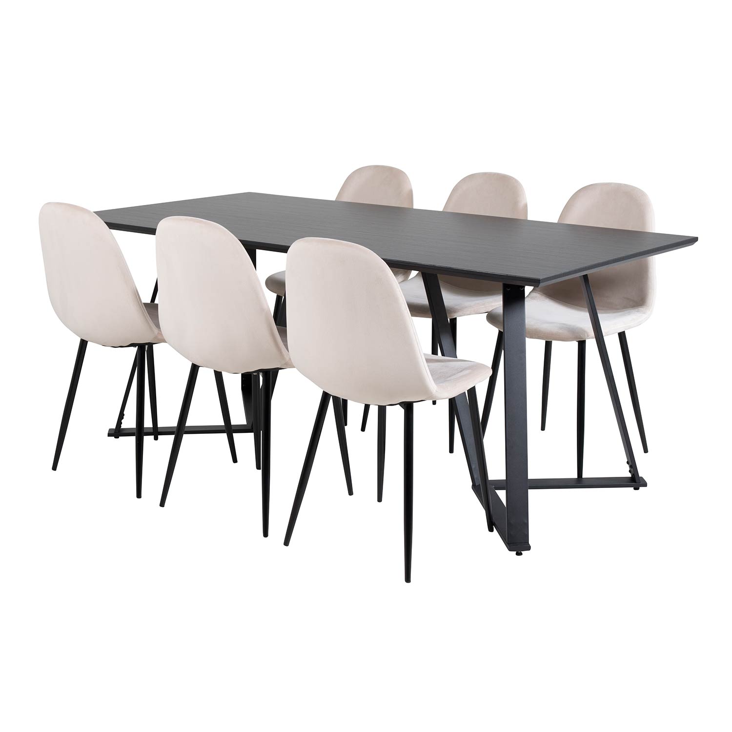 Marina Table-Black top/Polar Chair/Beige Velvet_6 Sort/Beige