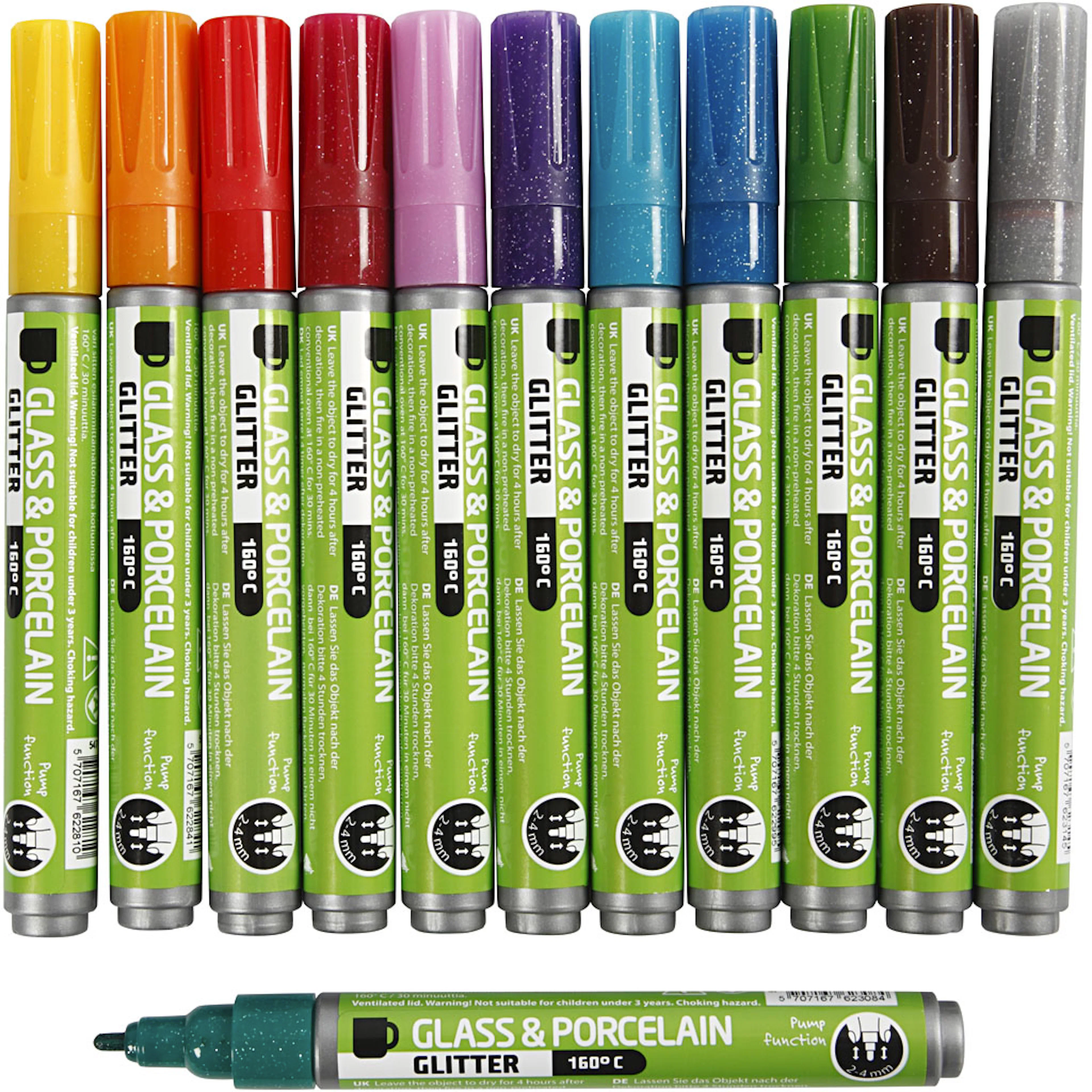 Glass- og Porselenstusj Creativ Company Ass farger Strek 2-4 mm Semi Opaque 12 stk/1 Pk