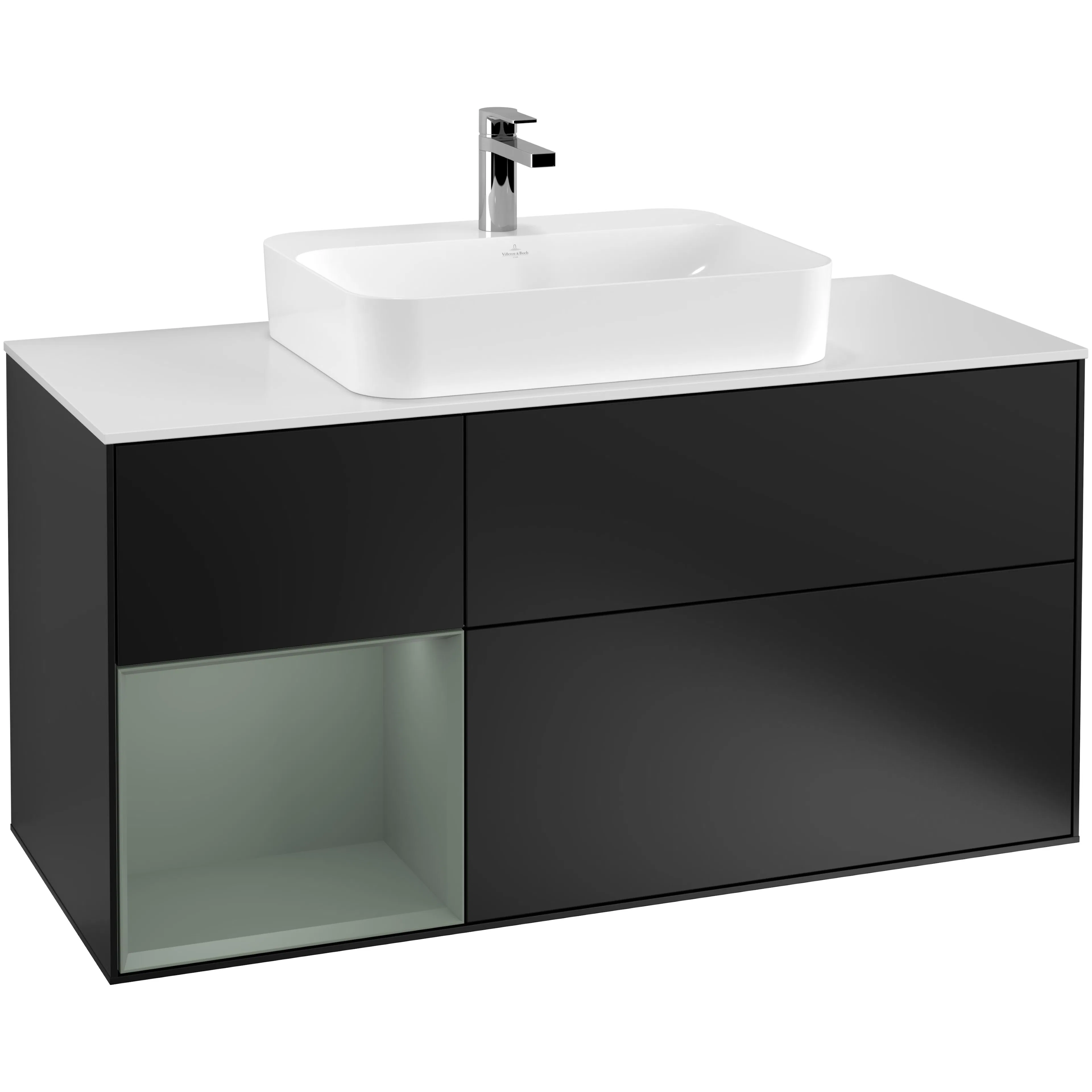 Tvättställsskåp Villeroy & Boch Finion F411GMPD Svart Mattlack/Oliv Mattlack med bänkskiva i Mattvitt glas, Lucka Vänster