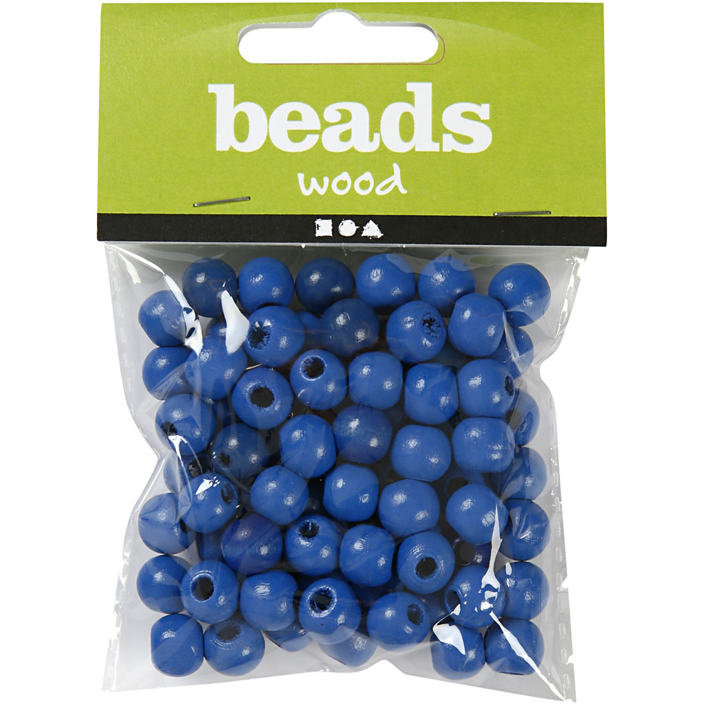 Träpärlor, blå, Dia. 12 mm, Hålstl. 3 mm, 22 g/ 1 förp. Blå