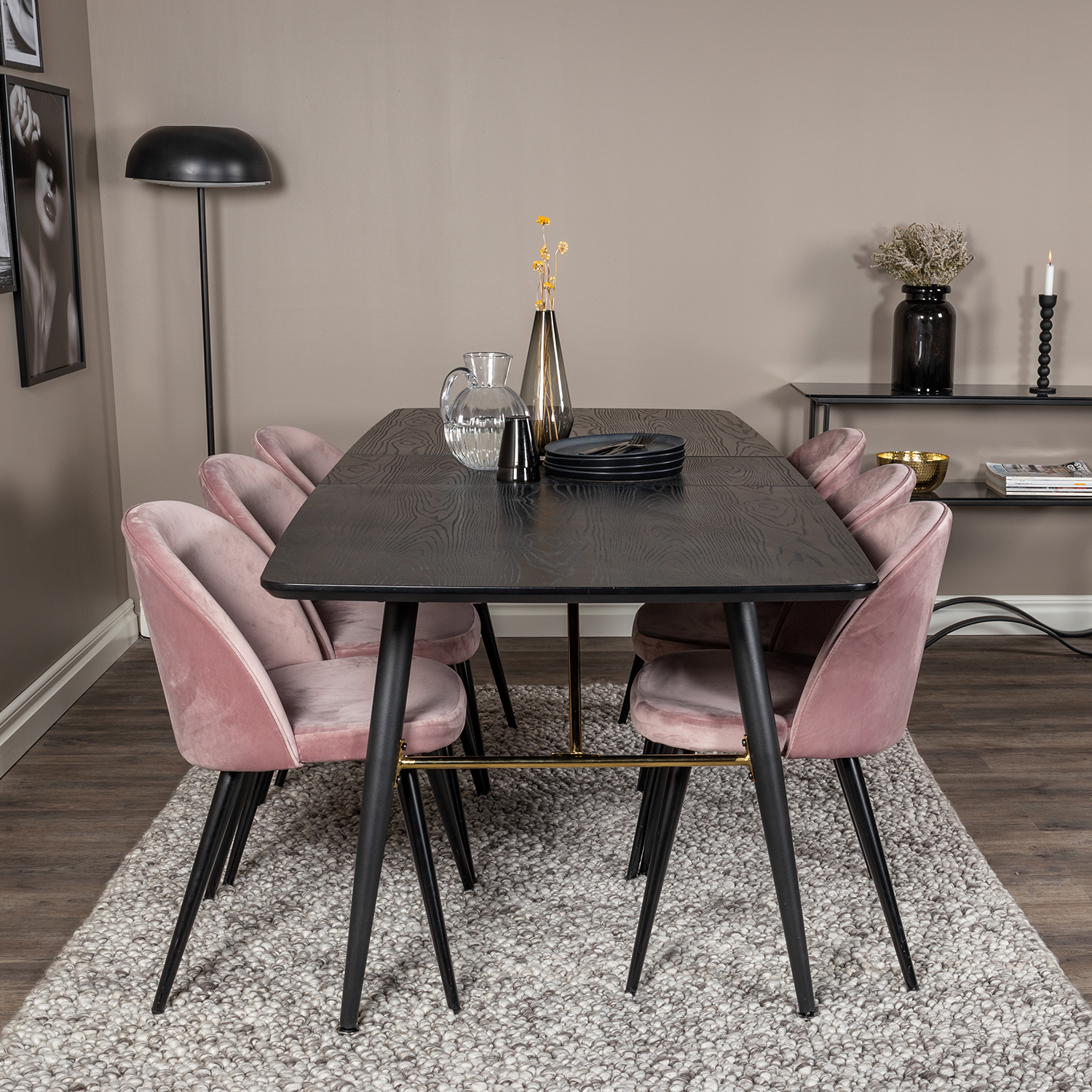 Spisegruppe Venture Home Gold med 6 Velvet Stoler