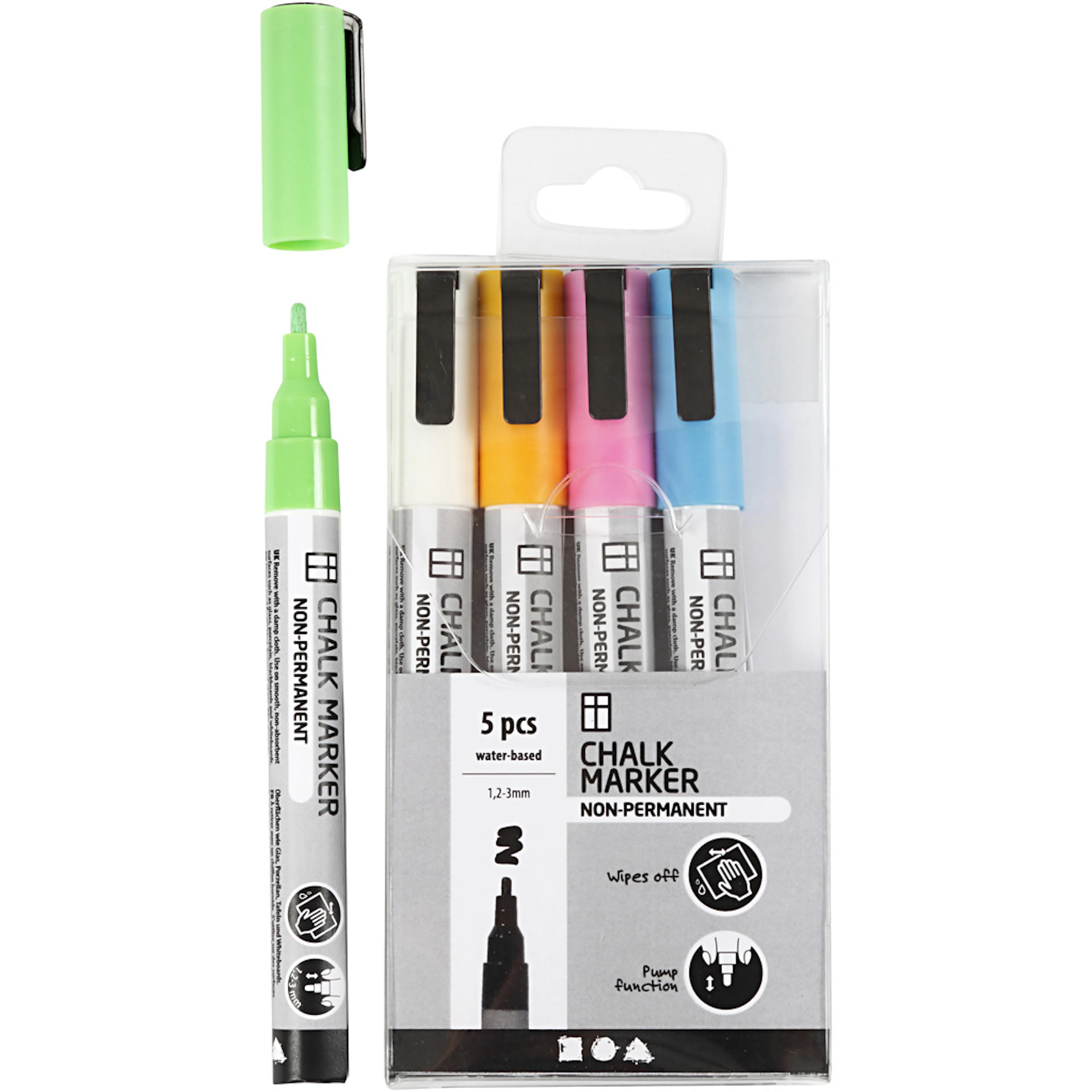 Chalk markers, starka färger, spets 1,2-3 mm, 5 st./ 1 förp. Sterke farger