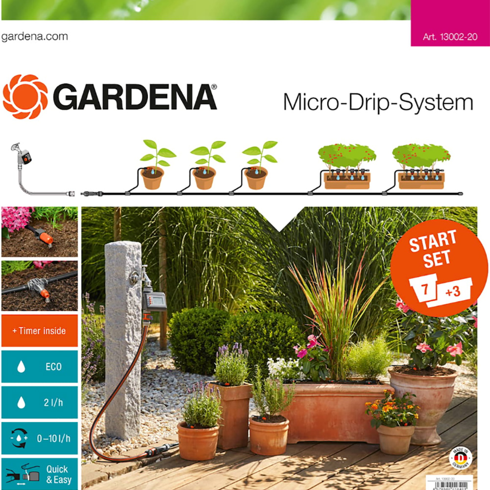 Vanningsstartsett Gardena Micro-Drip-System M for Terrass/Balkong med Timer