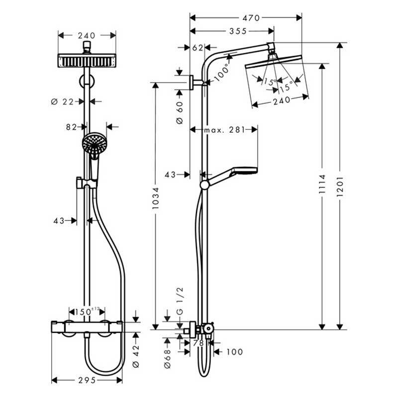 Takduschset Hansgrohe Crometta E 240 1jet Showerpipe EcoSmart 150 cc