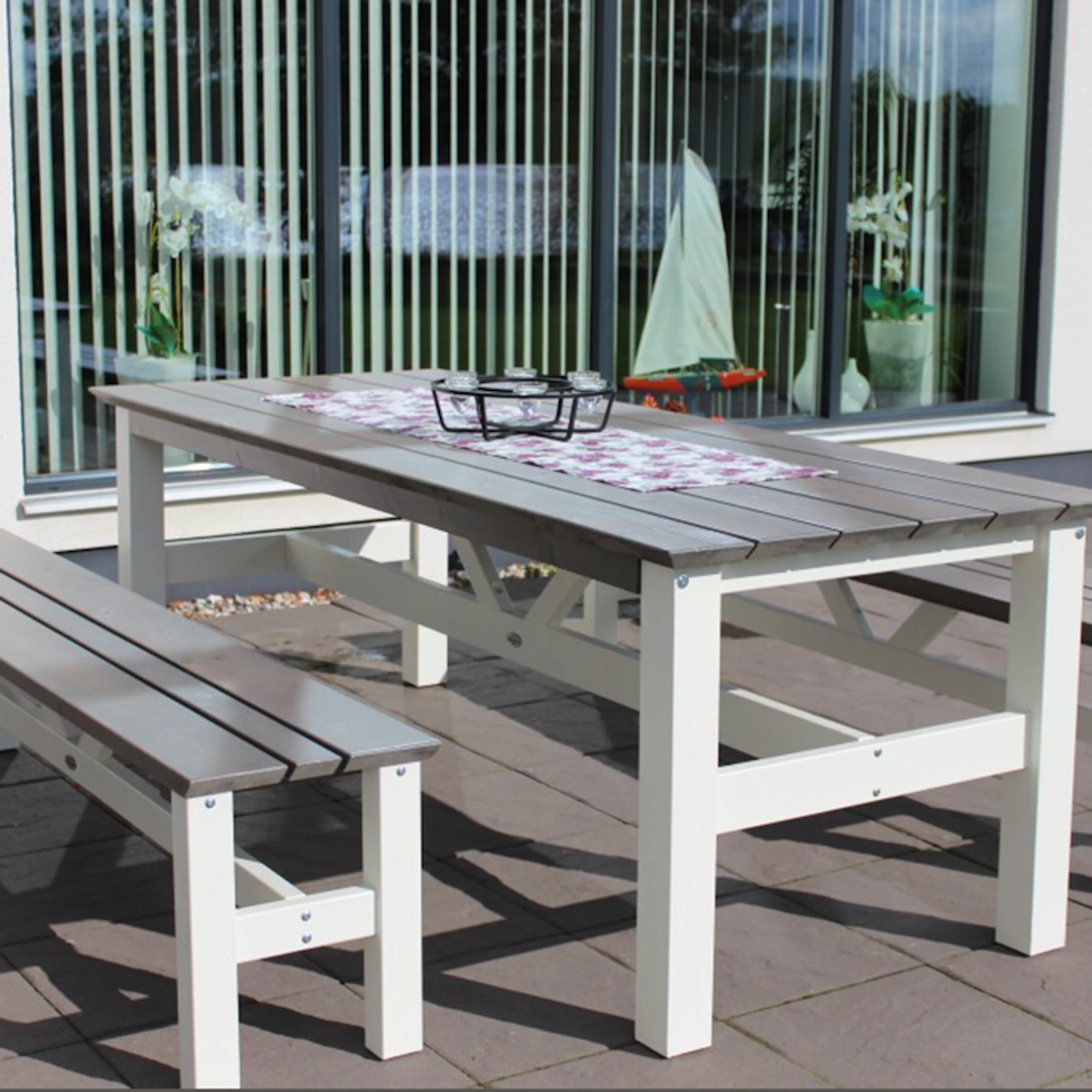 Spisegruppe Eden Wood Viking 2 Benkar 90x220 cm Grå/Hvit