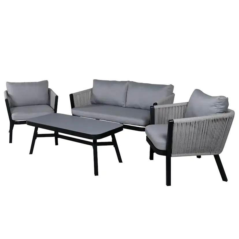 Virya Lounge set (3+2+1) BLACK alu / Grey rope / grey cushio Sort/Grå