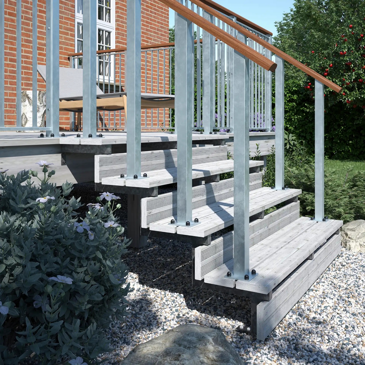 Terrassetrapp PLUS Stål/Tre Trinndybde 25 cm B120