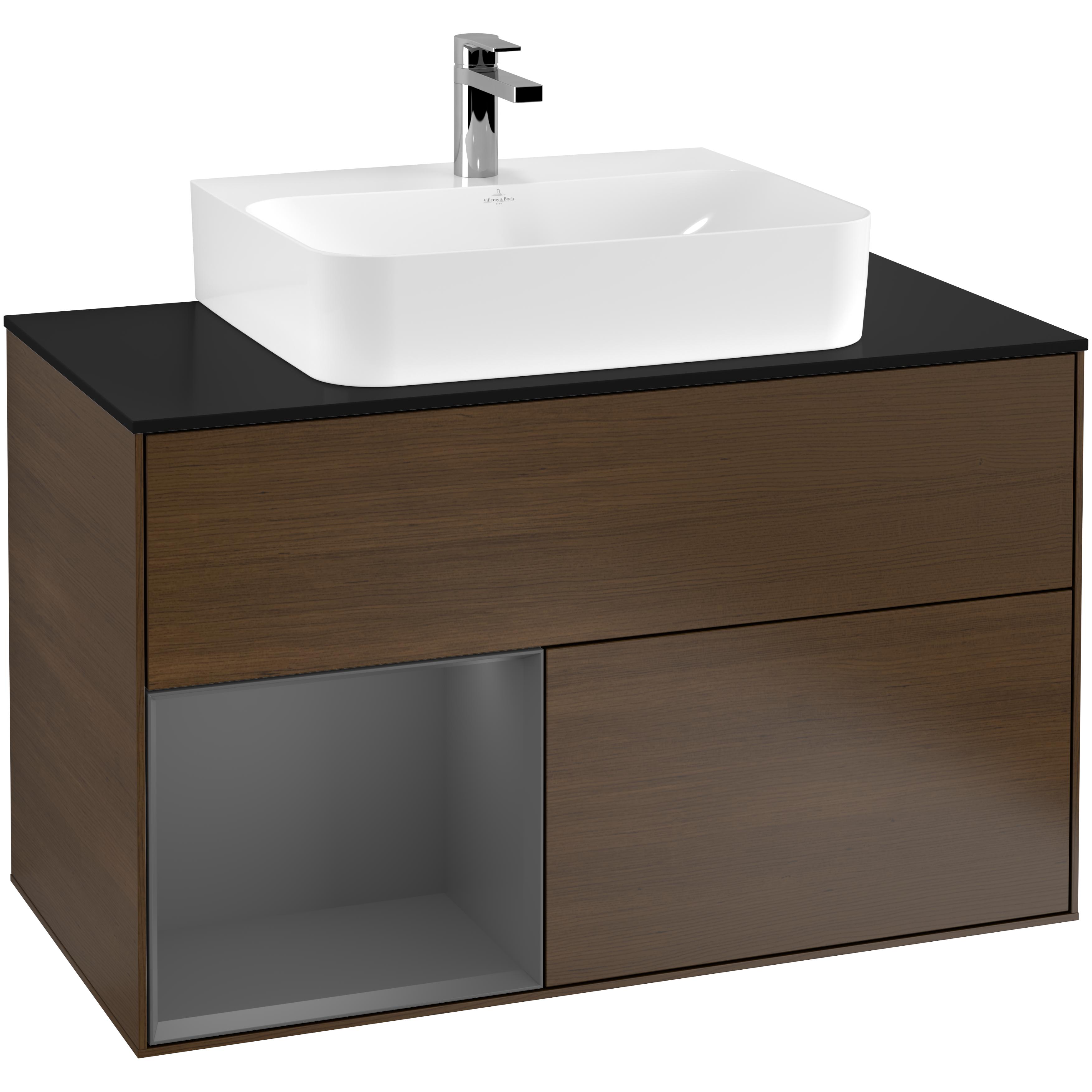 Tvättställsskåp Villeroy & Boch Finion G112GKGN Valnötsfanér/Antracitgrå Mattlack med bänkskiva i Mattsvart glas med Väggbelysning, Lucka Vänster