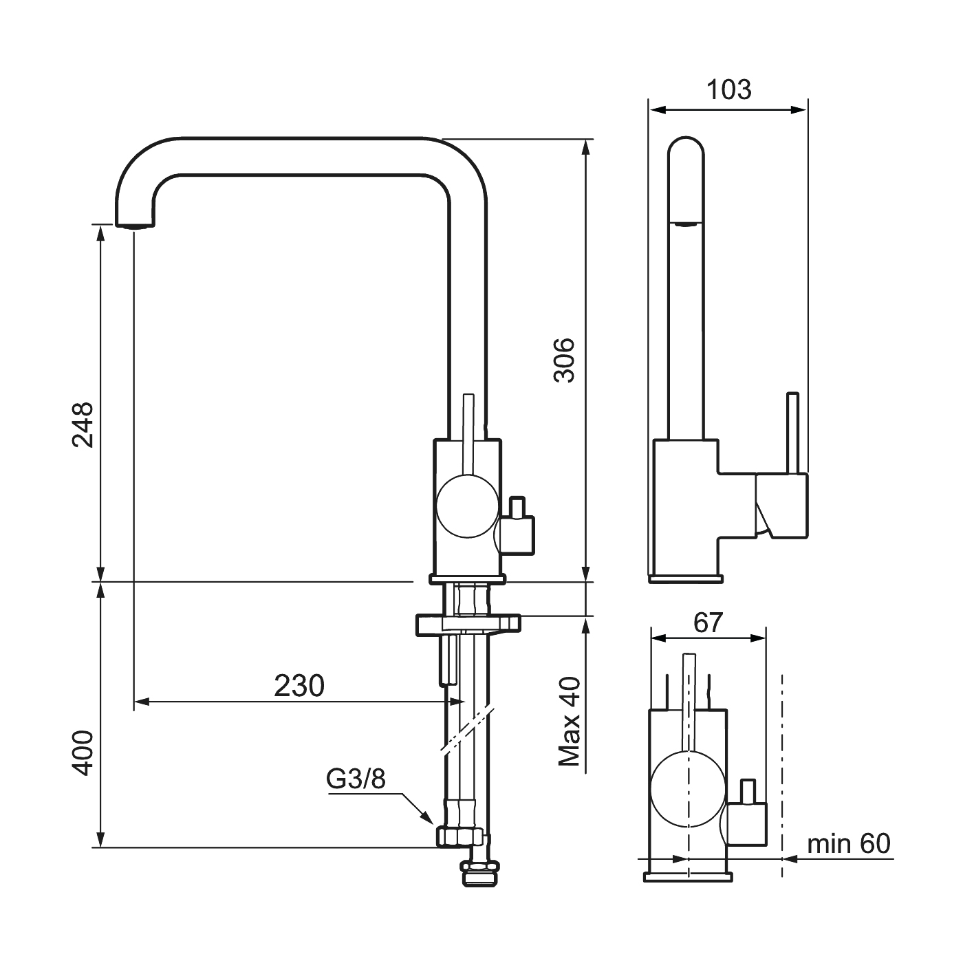 INXX II sharp, kök Borstad mässing, u-pip, dma, 3/8" Børstet messing PVD, Med oppvaskmaskinstopp
