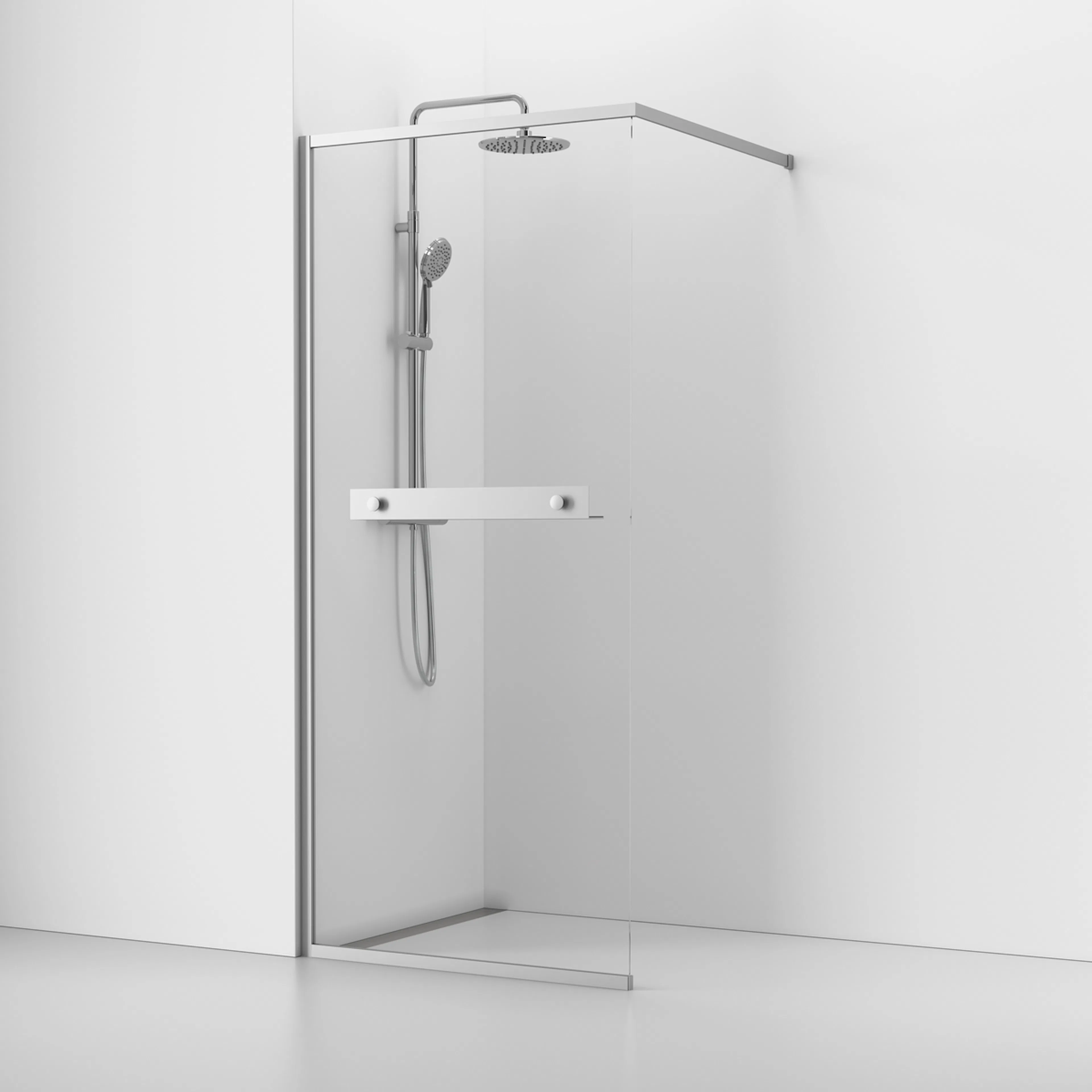 Langfoss Skärmvägg Rak/Fast 80x200 Alu Matt/Kristall Hylla B: 800 mm, H: 2000 mm, Profil: Matt Aluminium, Kristallglas, Med Hylla