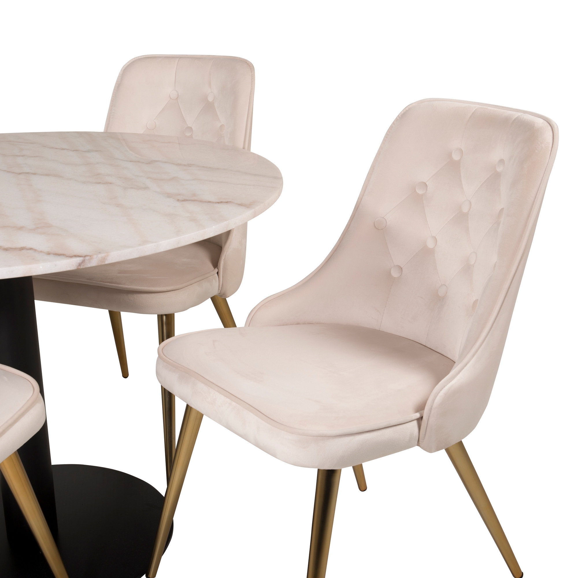 Estelle runt Matbord - Svart / Vit marmor - ø106*H75+Velvet Hvitt Bord med Sort Bein, Beige Stol med Messing Bein