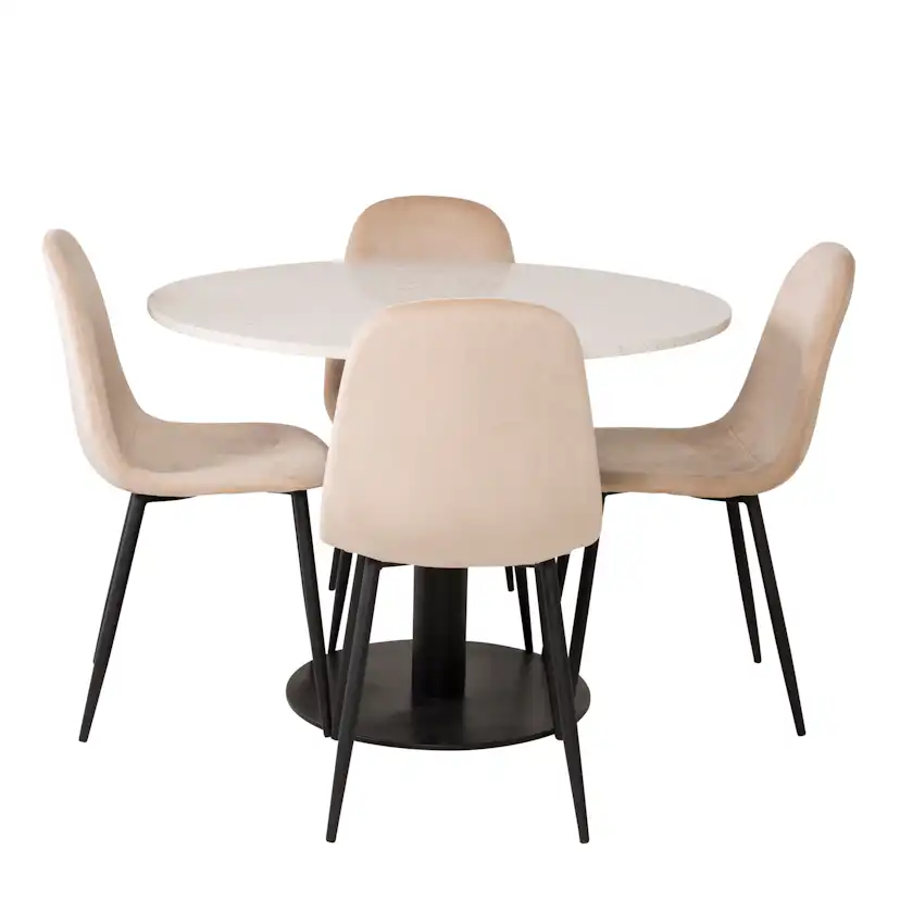 Spisegruppe Venture Home Roxanna HHvitBord med 4 Pobbie Stoler Fløyel