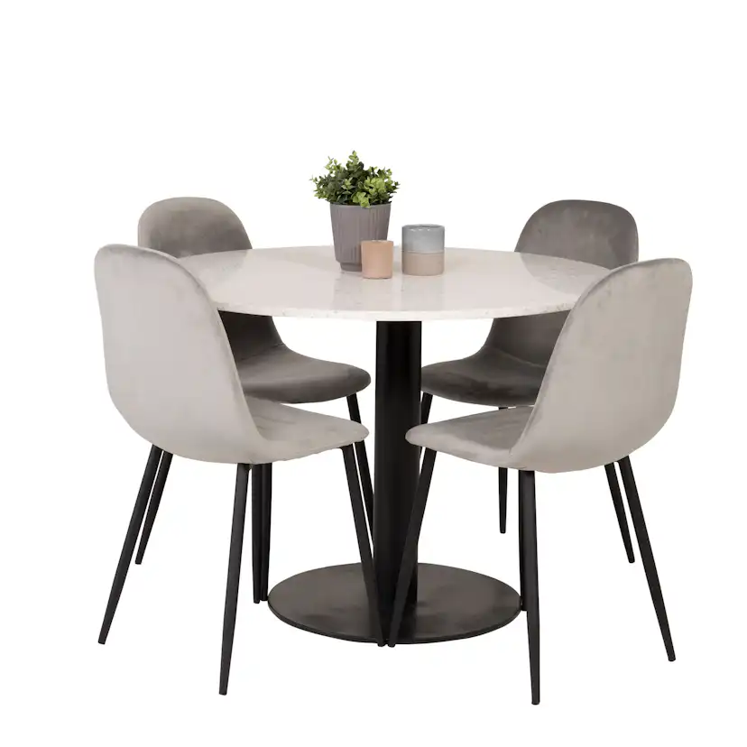 Spisegruppe Venture Home Roxanna HHvitBord med 4 Pobbie Stoler Fløyel