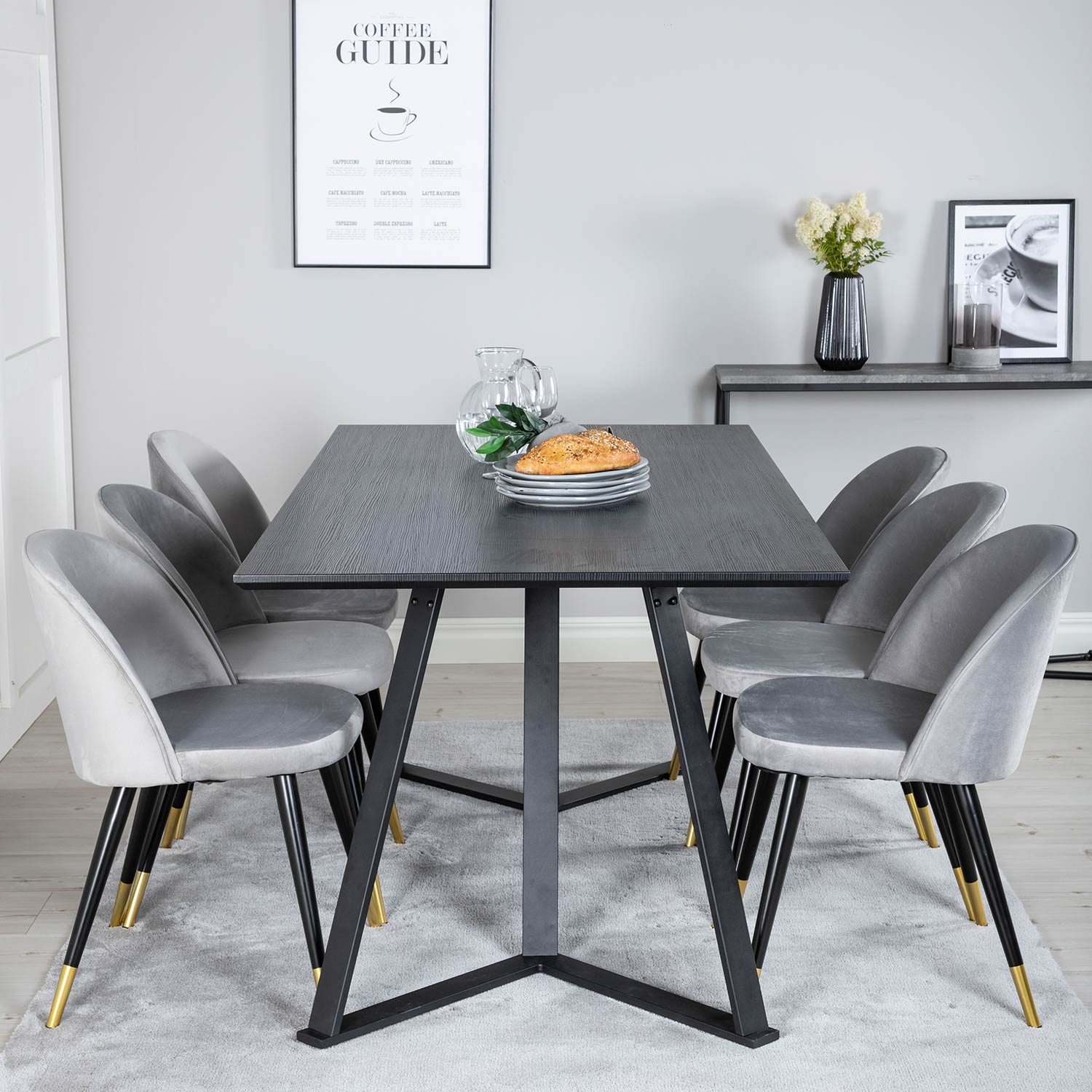 Spisegruppe Venture Home Madde med 6 Valentina Stoler Fløyel