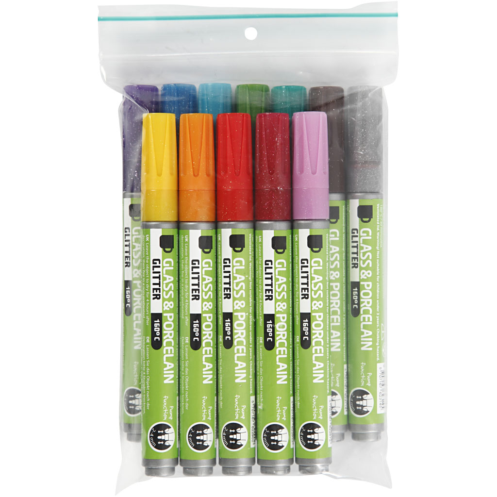 Glass- og Porselenstusj Creativ Company Ass farger Strek 2-4 mm Semi Opaque 12 stk/1 Pk