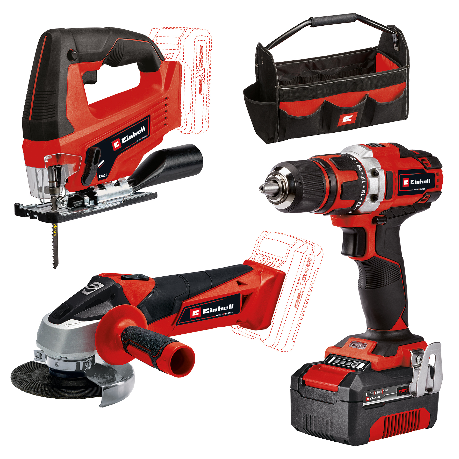 Elektrisk verktøysett Einhell TE-TK 18/3 Li (JS+CD+AG) KIT med Batteri