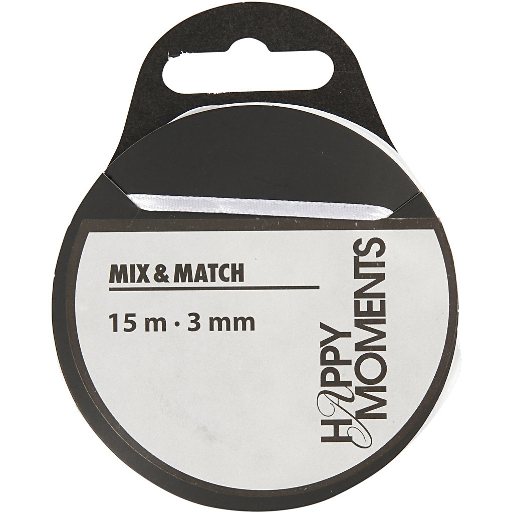 Satinband, vit, B: 3 mm, 15 m/ 1 rl. Hvit, 15 m